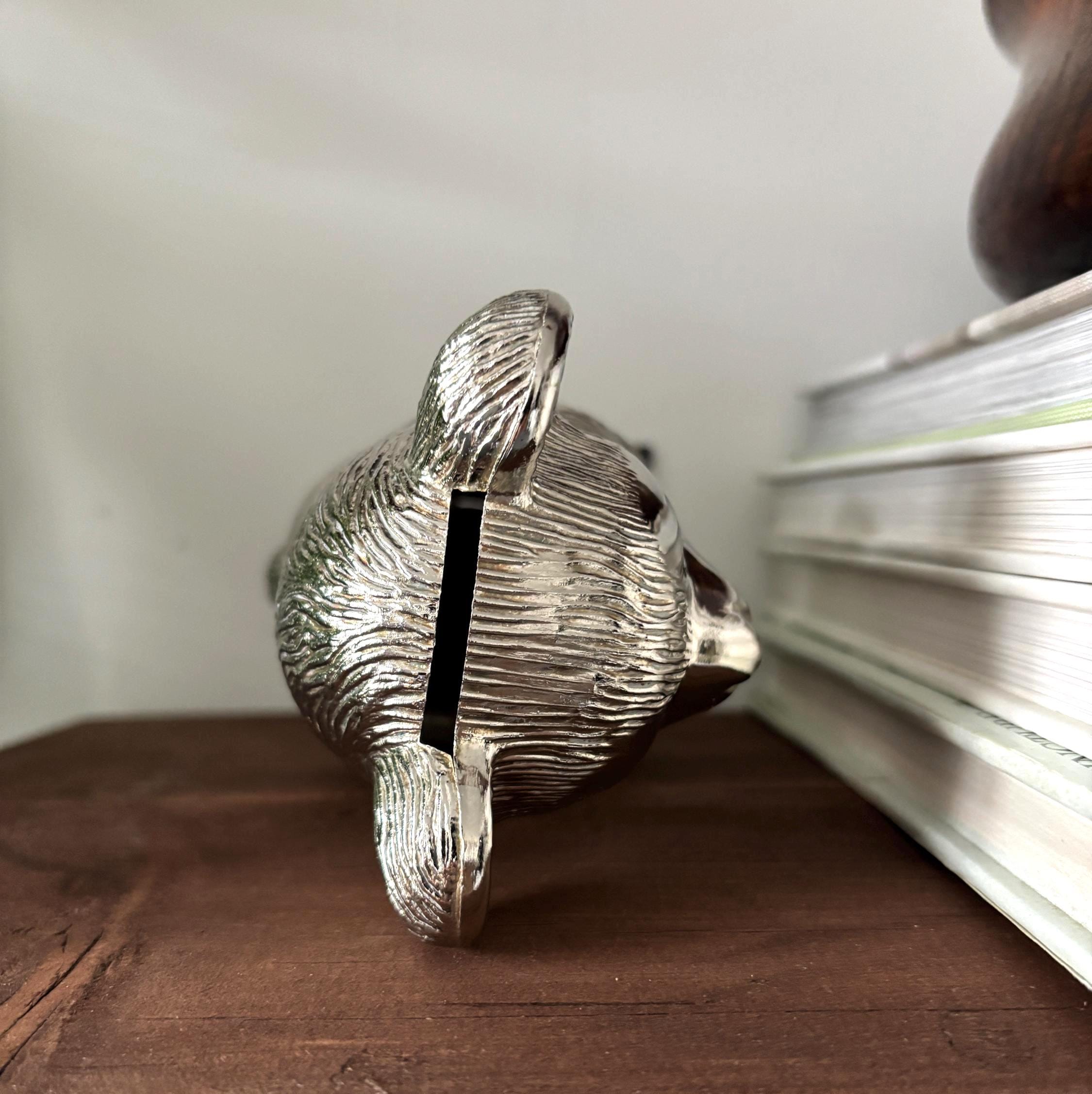 Vintage Silver Plated Teddy Bear Money Box Coin Bank Nursery Decor Baby Gift Keepsake