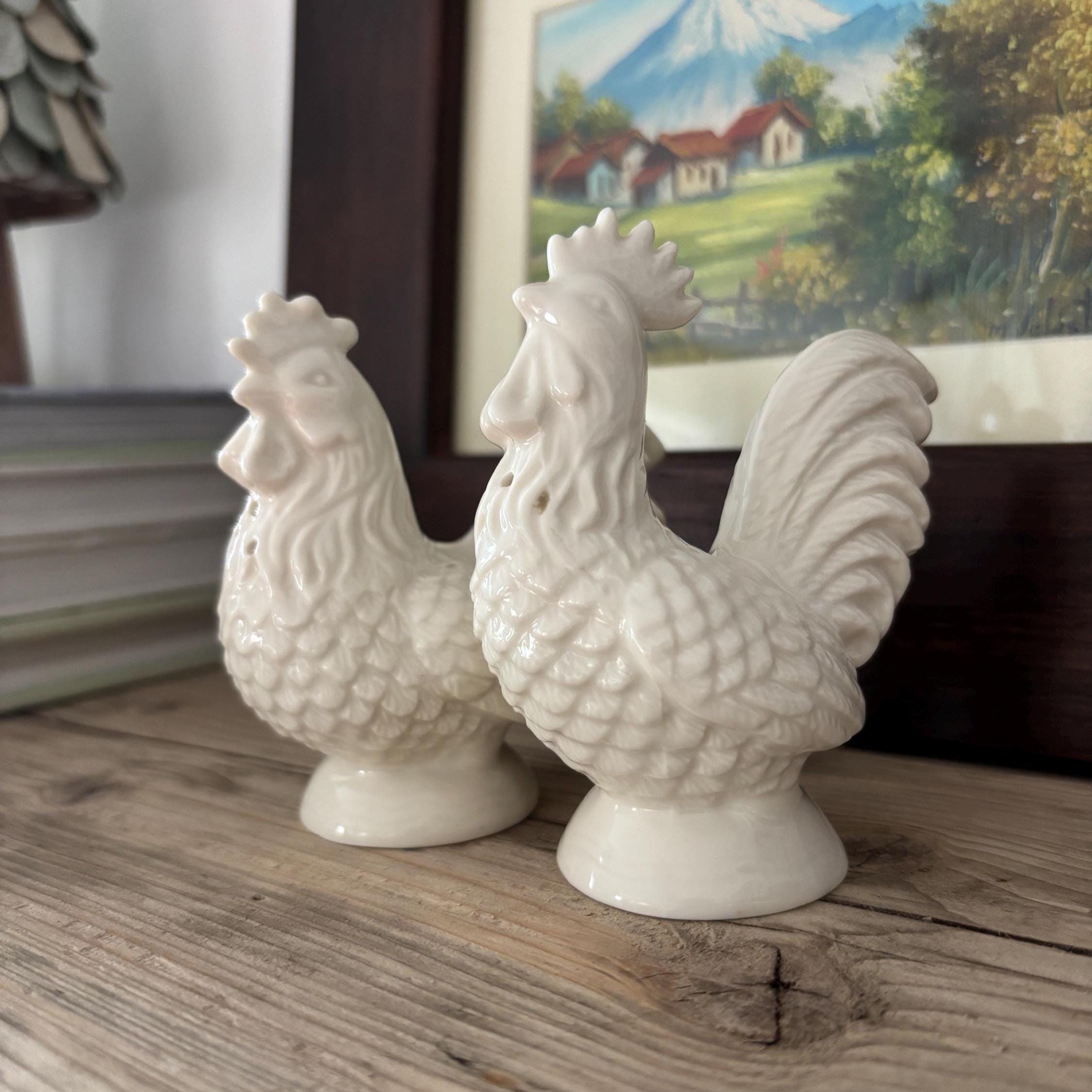 Vintage Cream Rooster Salt and Pepper Shakers | Ceramic Farmhouse Kitchen Pair