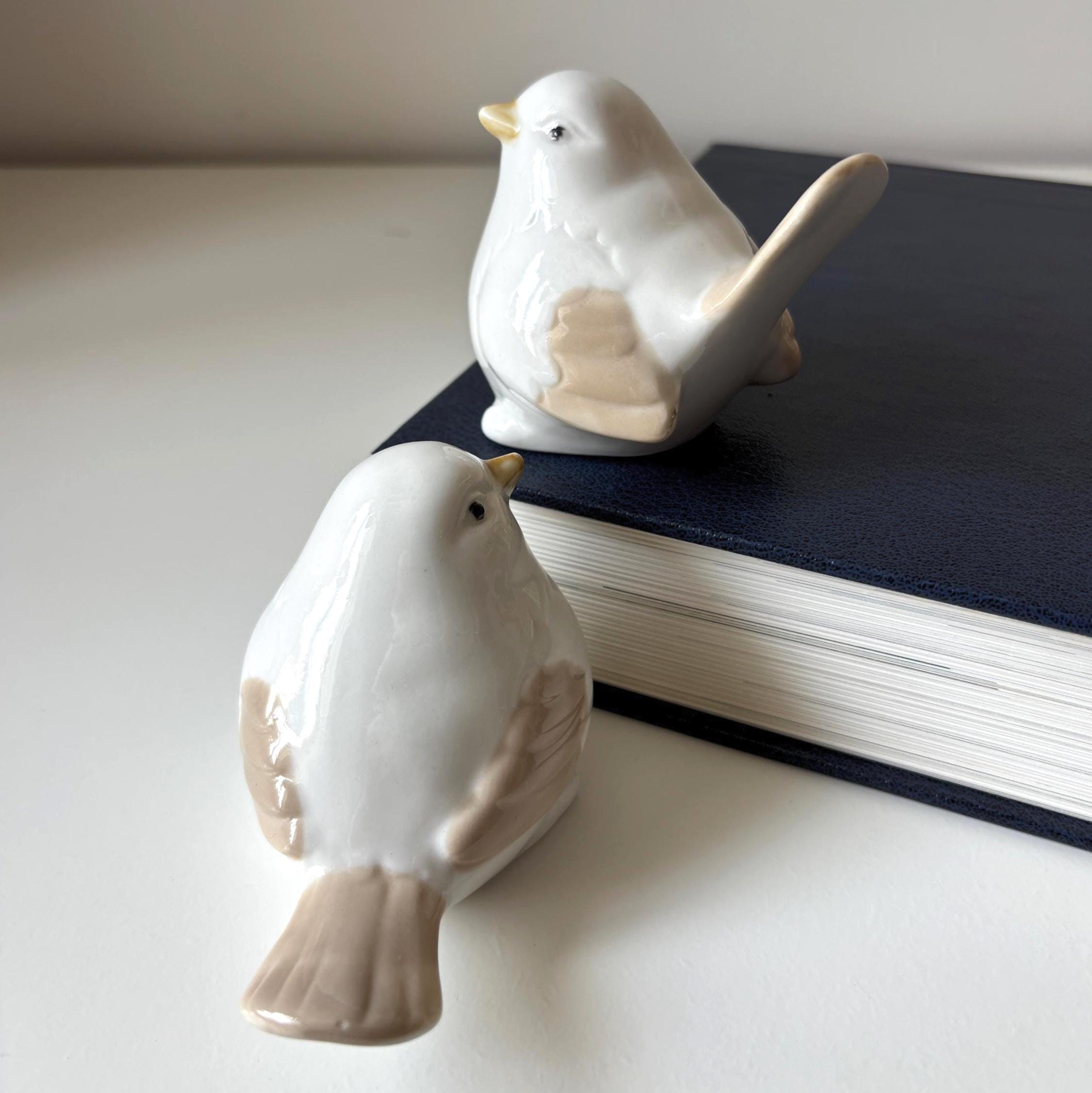 Vintage Ceramic Bird Figurines Pair White Porcelain Scandinavian Home Decor Shelf Ornament Set
