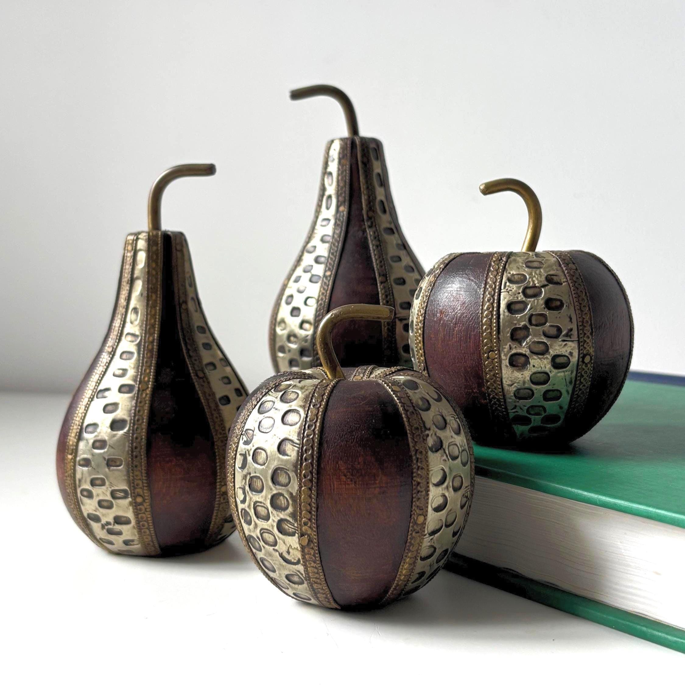 Vintage Charles Marcak Wooden Fruit Sculptures | Handcrafted Brass & Wood Apple or Pear Pair