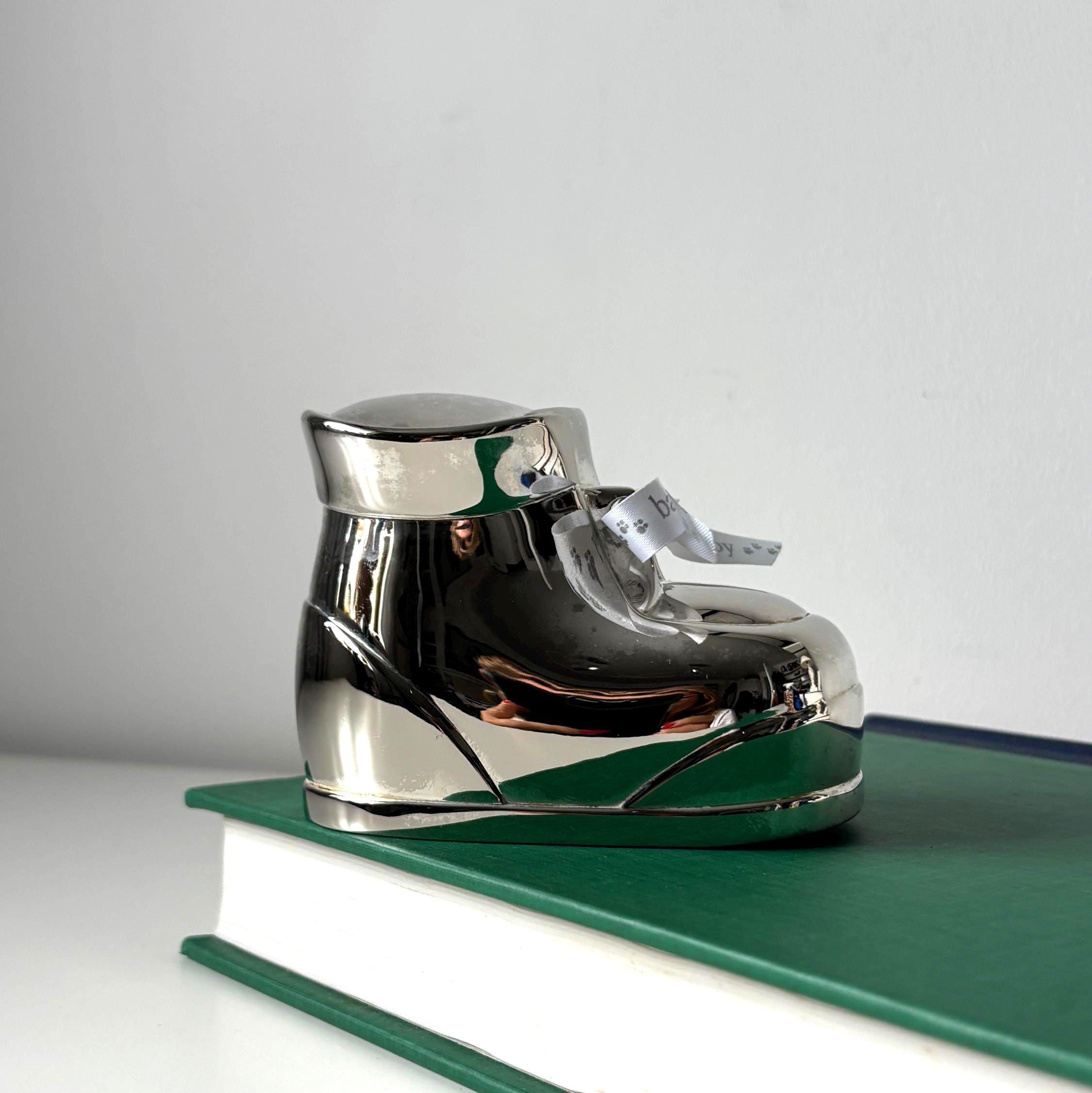 Silver Plated Baby Boot Money Bank with Original Box Christening Gift Keepsake