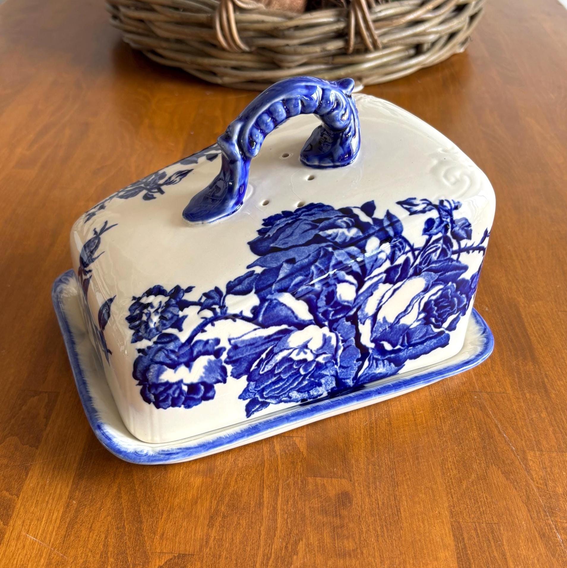 Vintage Blakeney Blue Transfer-ware Cheese Keeper Ironstone Cheese Dish Staffordshire England