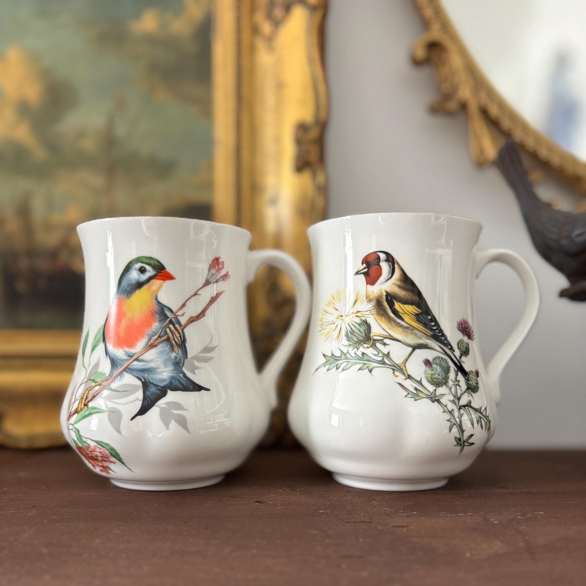 Vintage Bone China Bird Mugs Pair England Goldfinch Robin Tea Coffee Cups