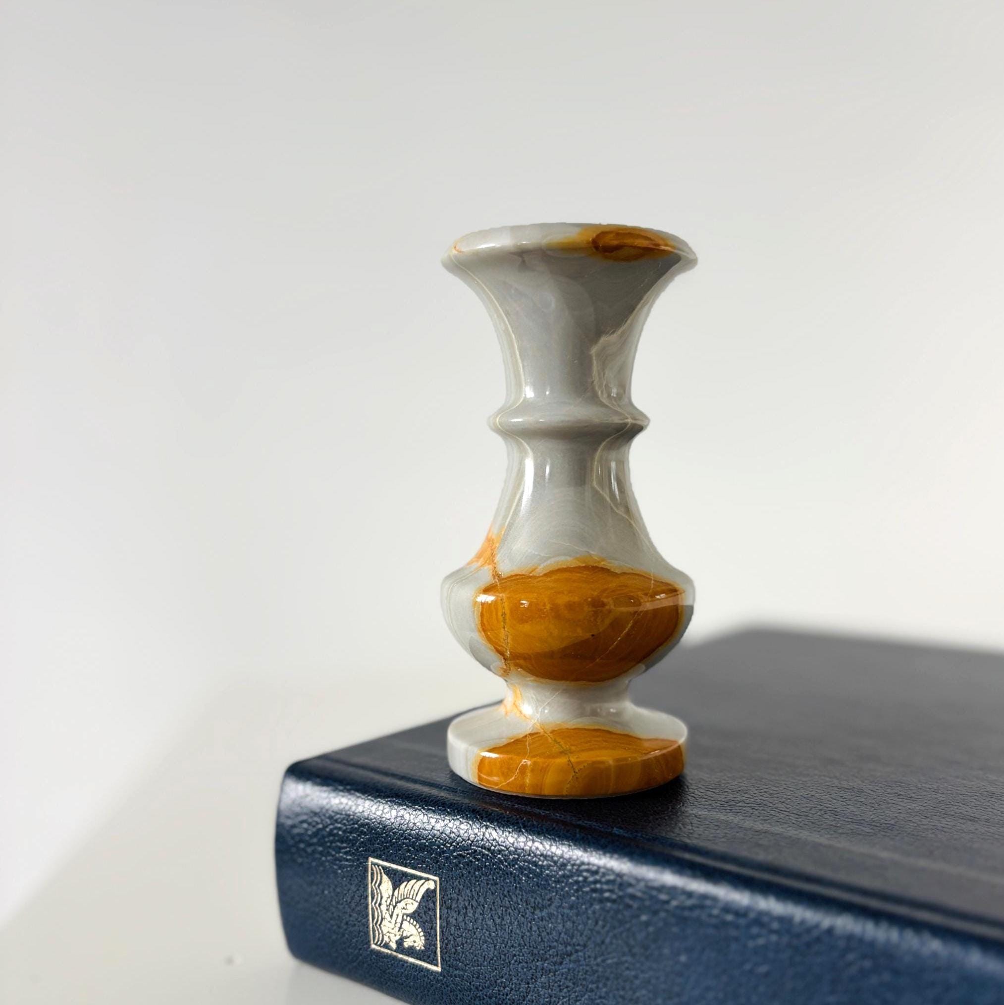 Hand-Carved Onyx Bud Vase: Grey & Amber Turkish Stone