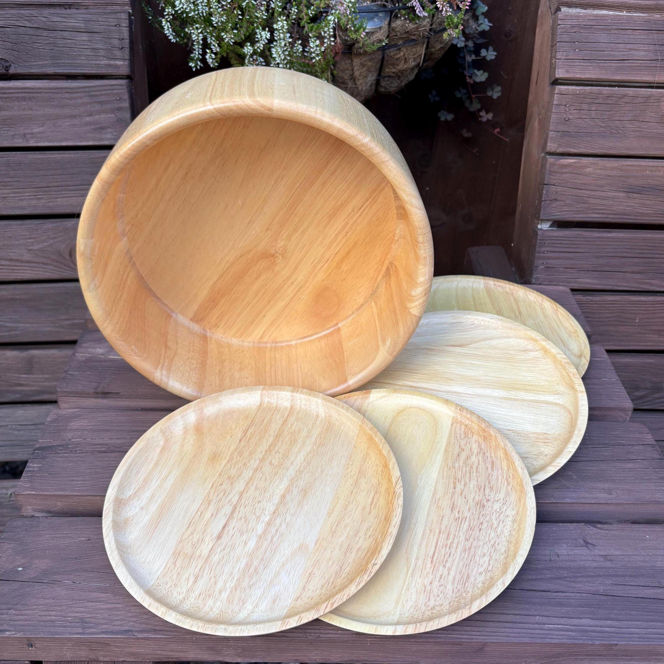 Vintage Wooden Salad Bowl Set: Rustic Thai Tableware, 5-Piece