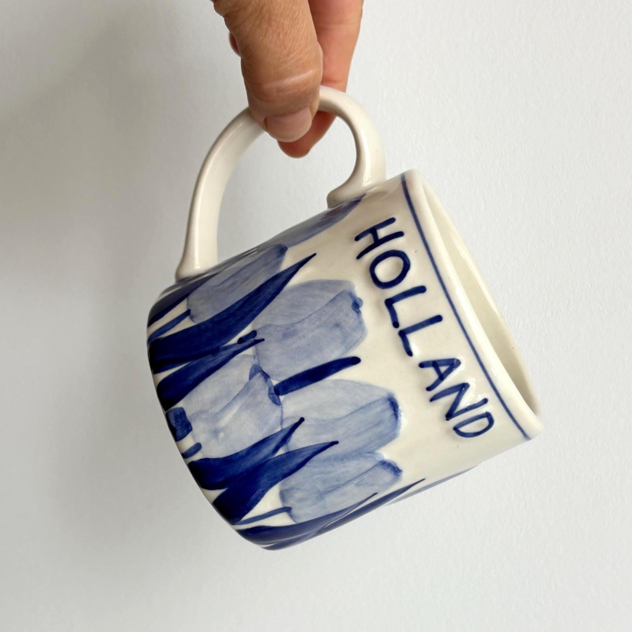 Vintage Holland Delft Style Tulip Mug Blue White Hand Painted Dutch Ceramic Cup