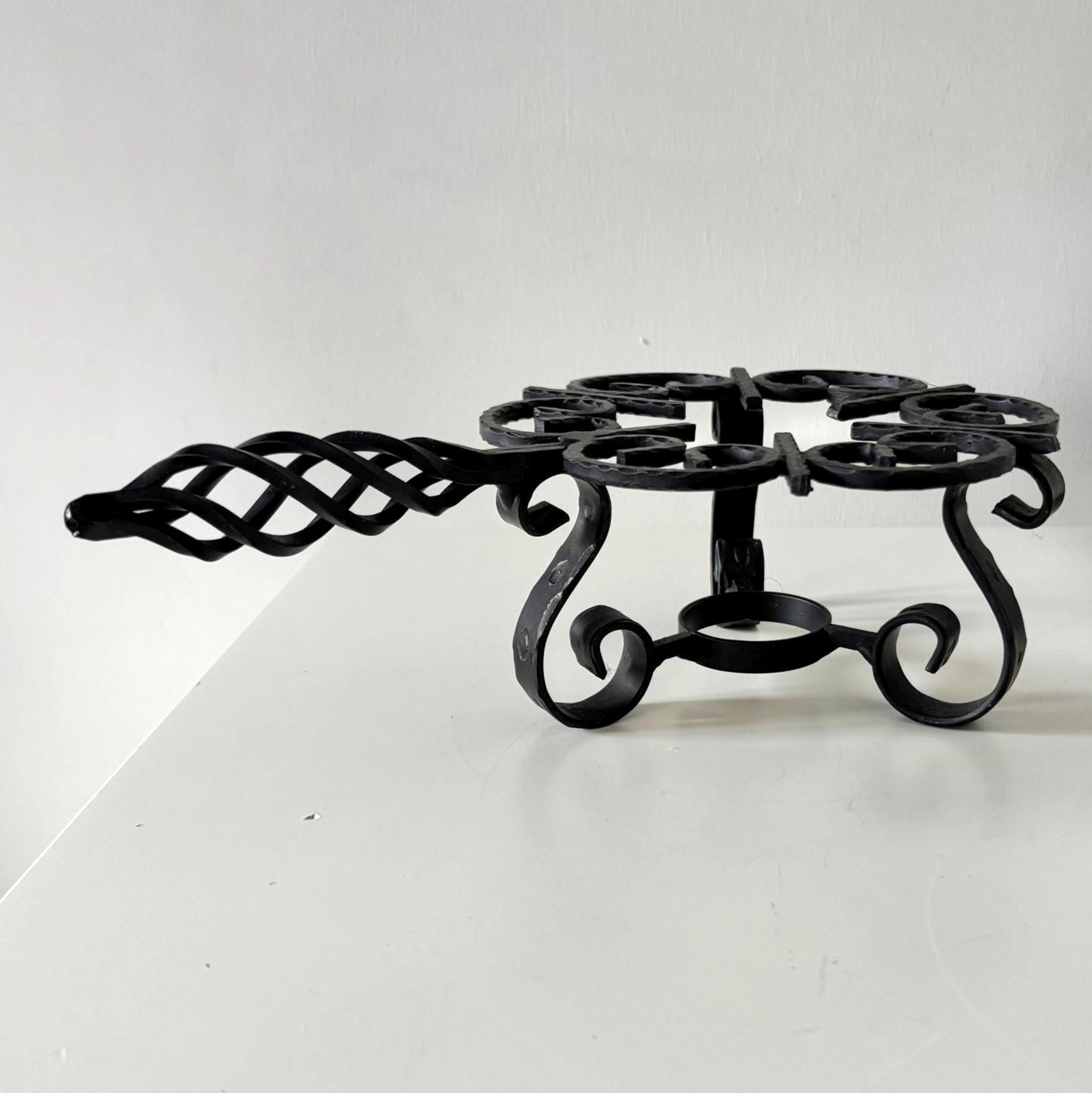 Vintage Wrought Iron Trivet Stand with Twisted Handle, Rustic Candle or Pot Holder