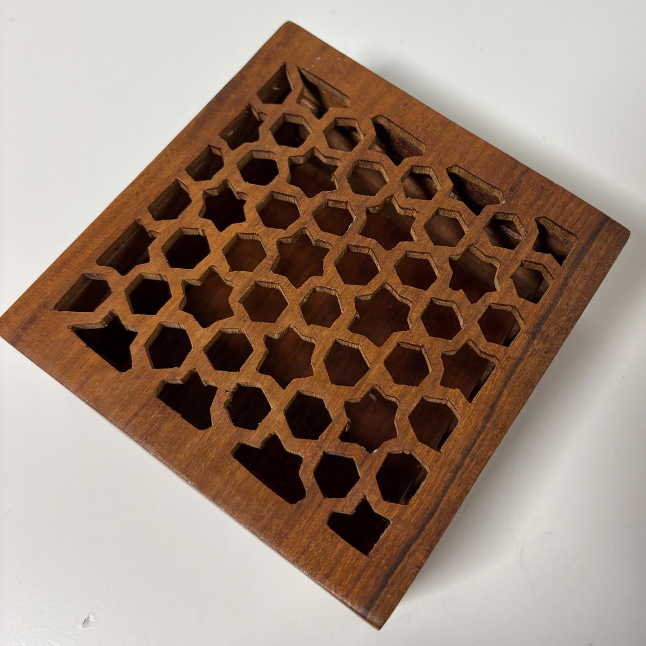 Vintage Hand Carved Wooden Trinket Box with Geometric Lattice Lid, Decorative Storage