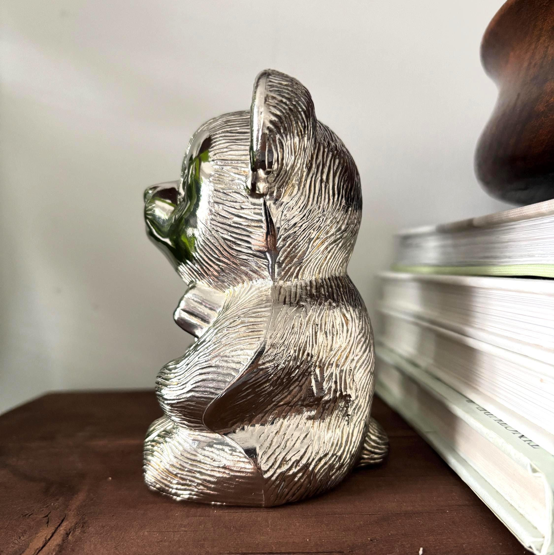 Vintage Silver Plated Teddy Bear Money Box Coin Bank Nursery Decor Baby Gift Keepsake