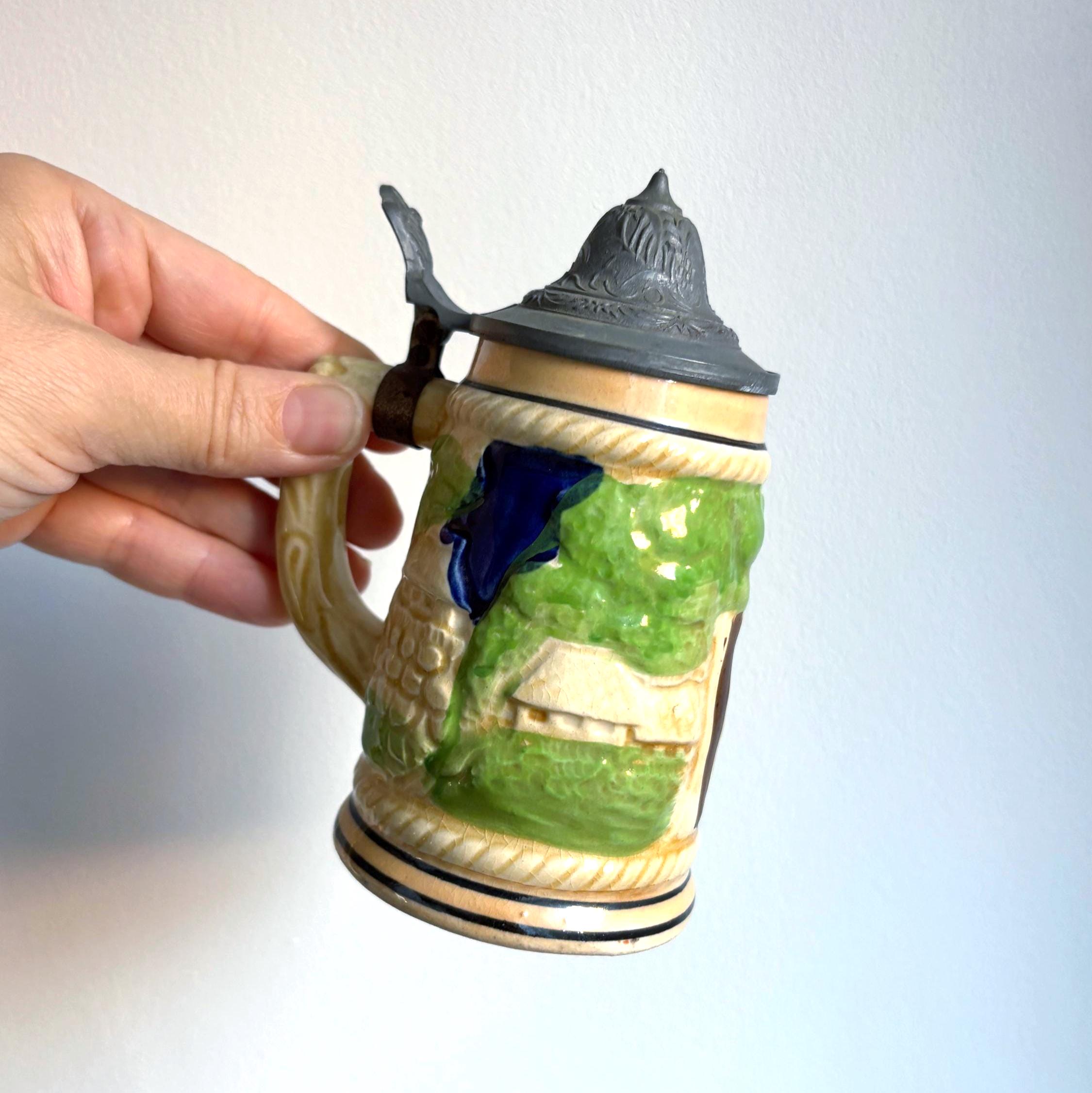 Vintage German Beer Stein with Pewter Lid | Tall Hand-Painted Relief Tavern Scene Mug