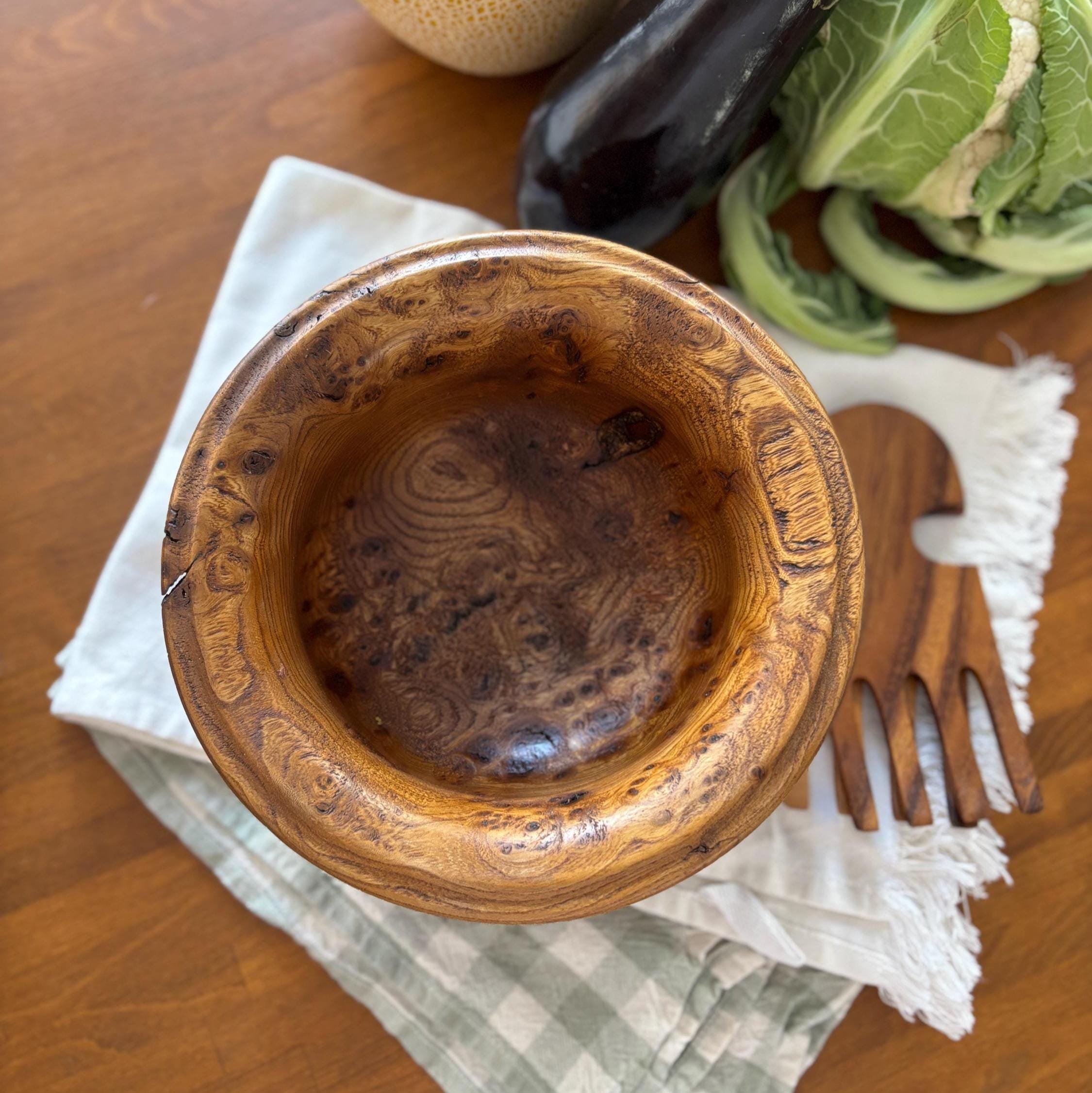 Vintage Burl Wood Salad Bowl Set Wooden Servers Rustic Farmhouse Kitchen Decor
