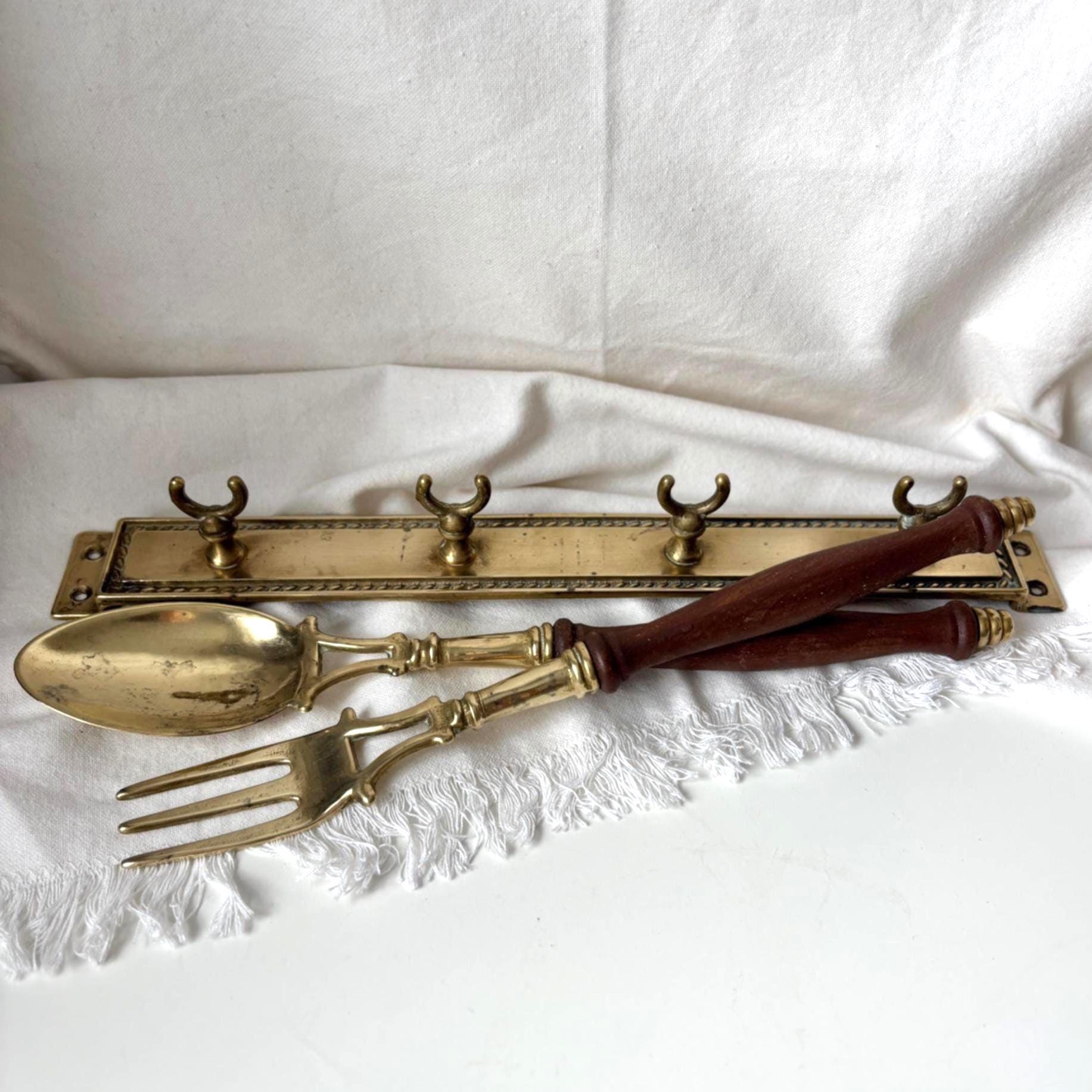 Vintage French Brass Kitchen Utensil Set: Fork & Spoon Wall Decor