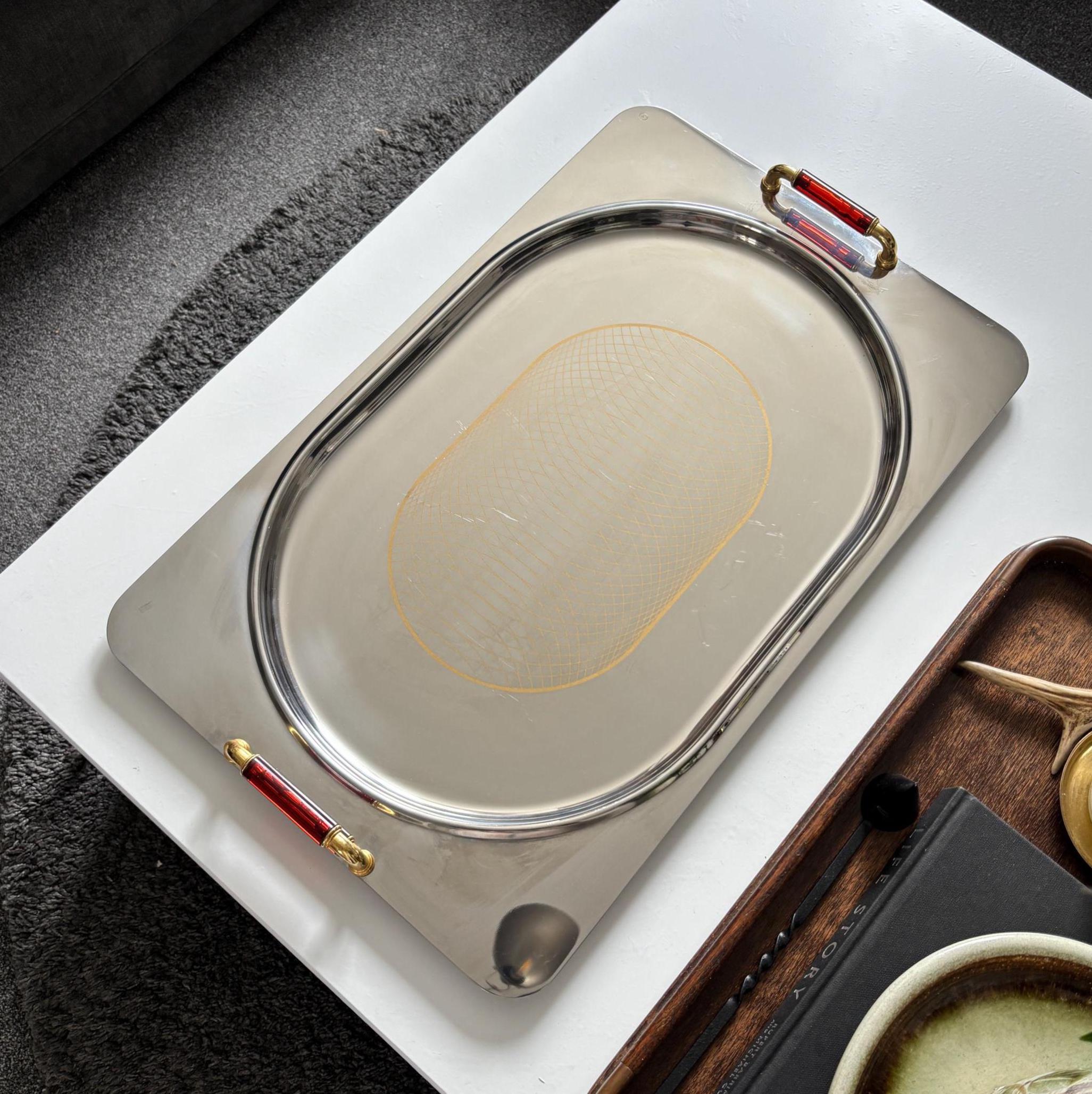Large Vintage Giorinox Sonia Serving Tray 53cm Stainless Steel Italian Barware
