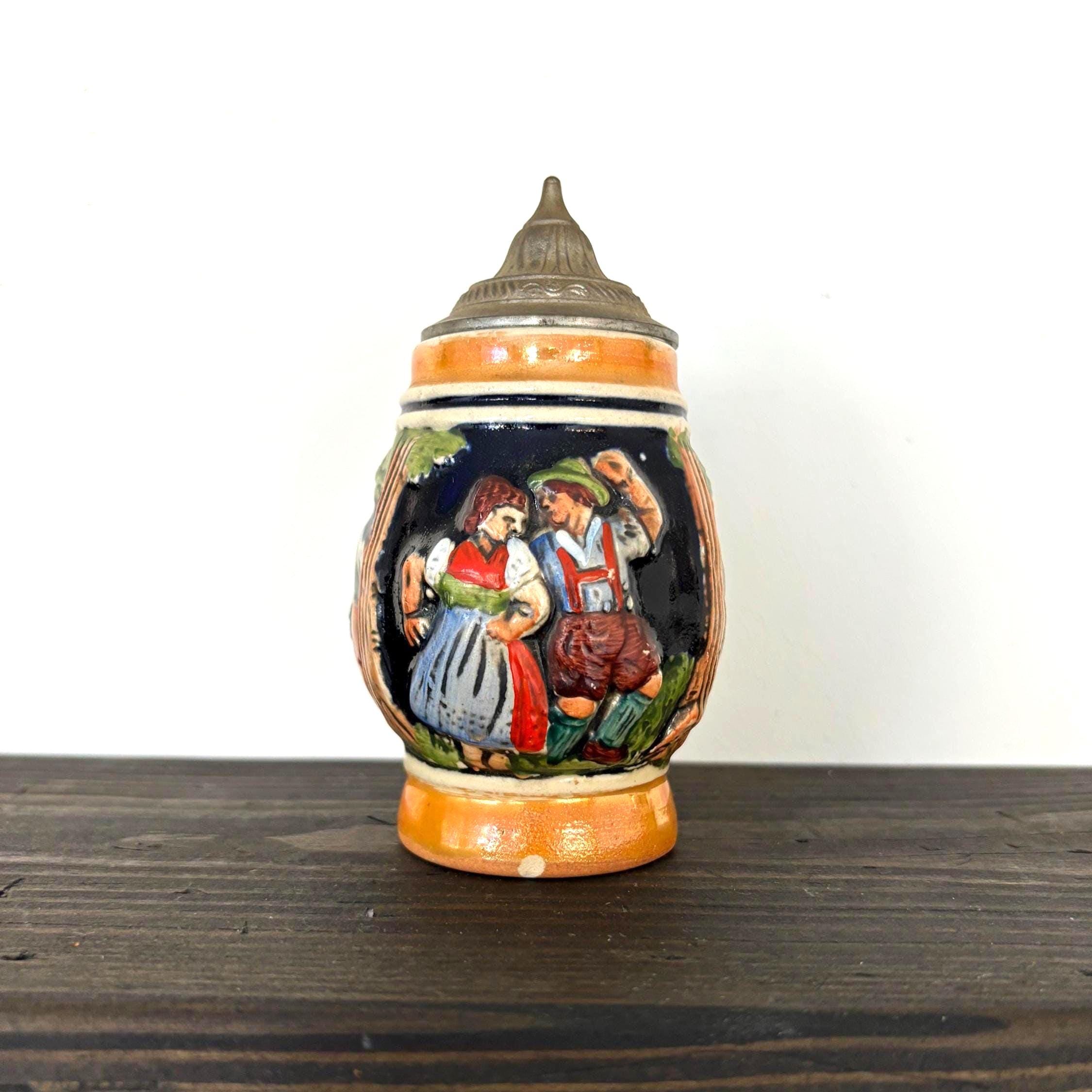 Small Vintage German Beer Stein with Pewter Lid | Hand-Painted Tavern Scene