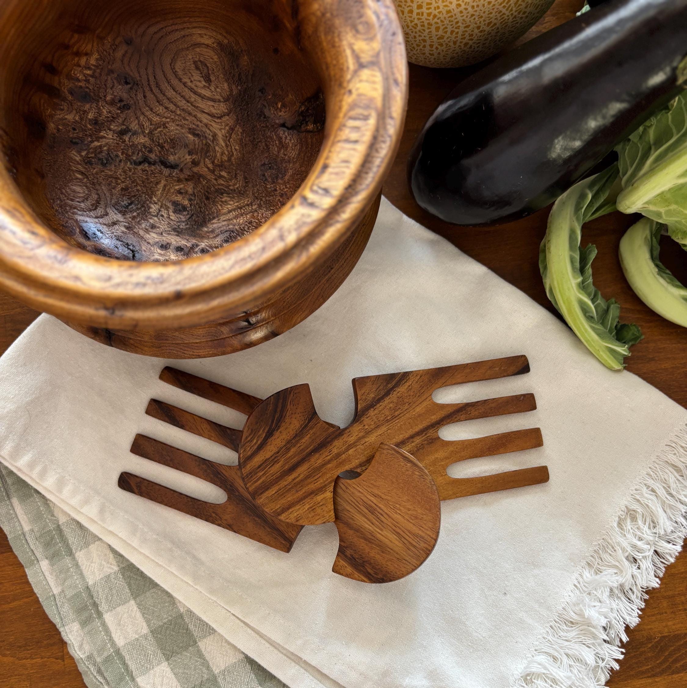 Vintage Burl Wood Salad Bowl Set Wooden Servers Rustic Farmhouse Kitchen Decor