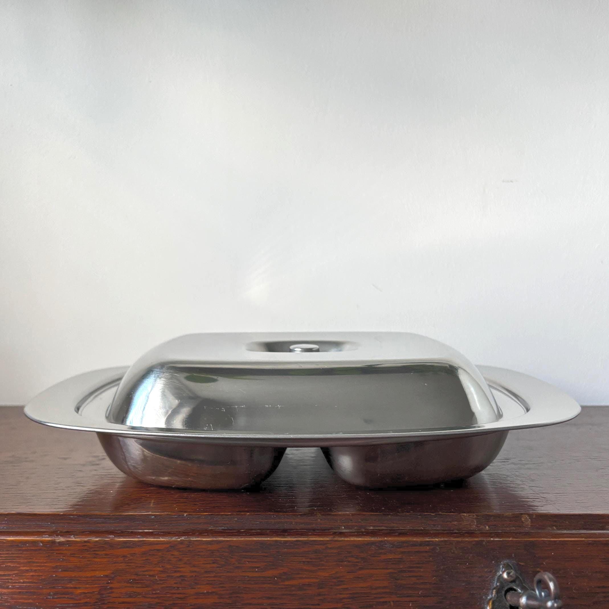 Vintage Stainless Steel Lidded Divided Serving Dish, Hong Kong, 2 Compartment Buffet Server