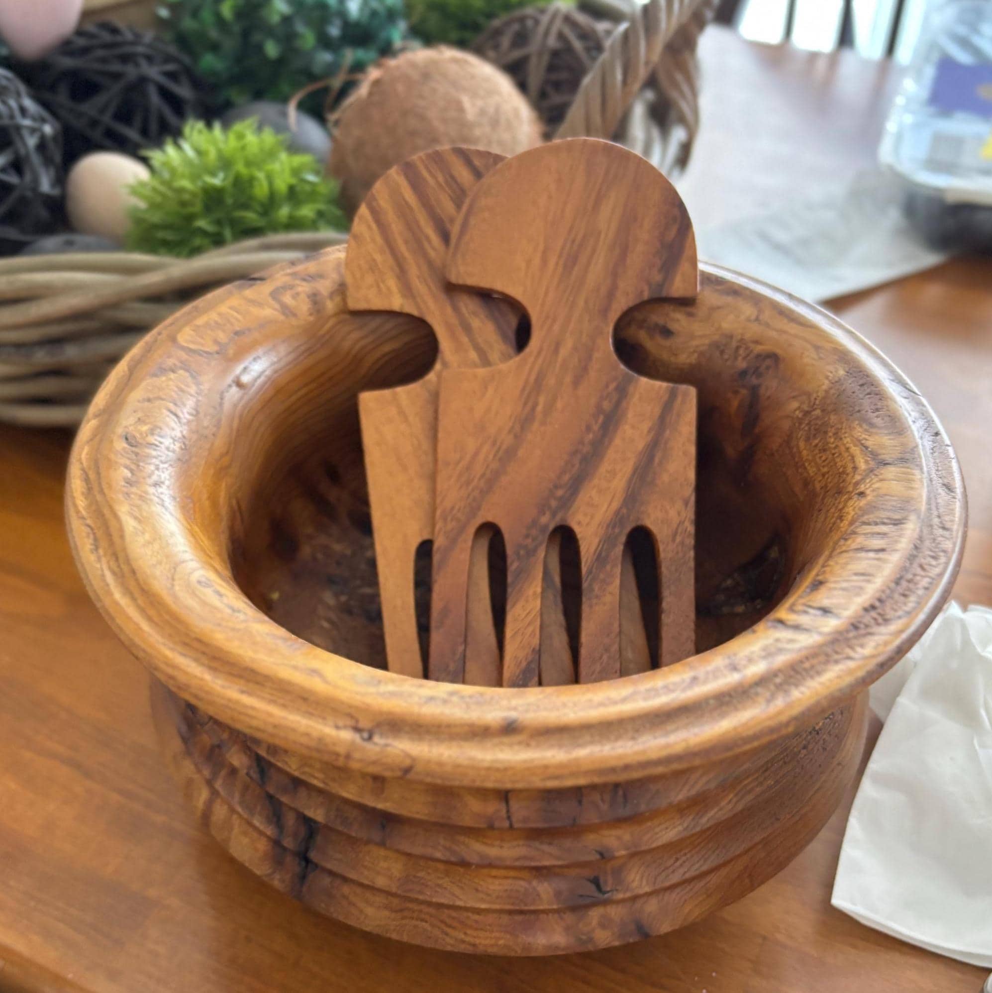 Vintage Burl Wood Salad Bowl Set Wooden Servers Rustic Farmhouse Kitchen Decor