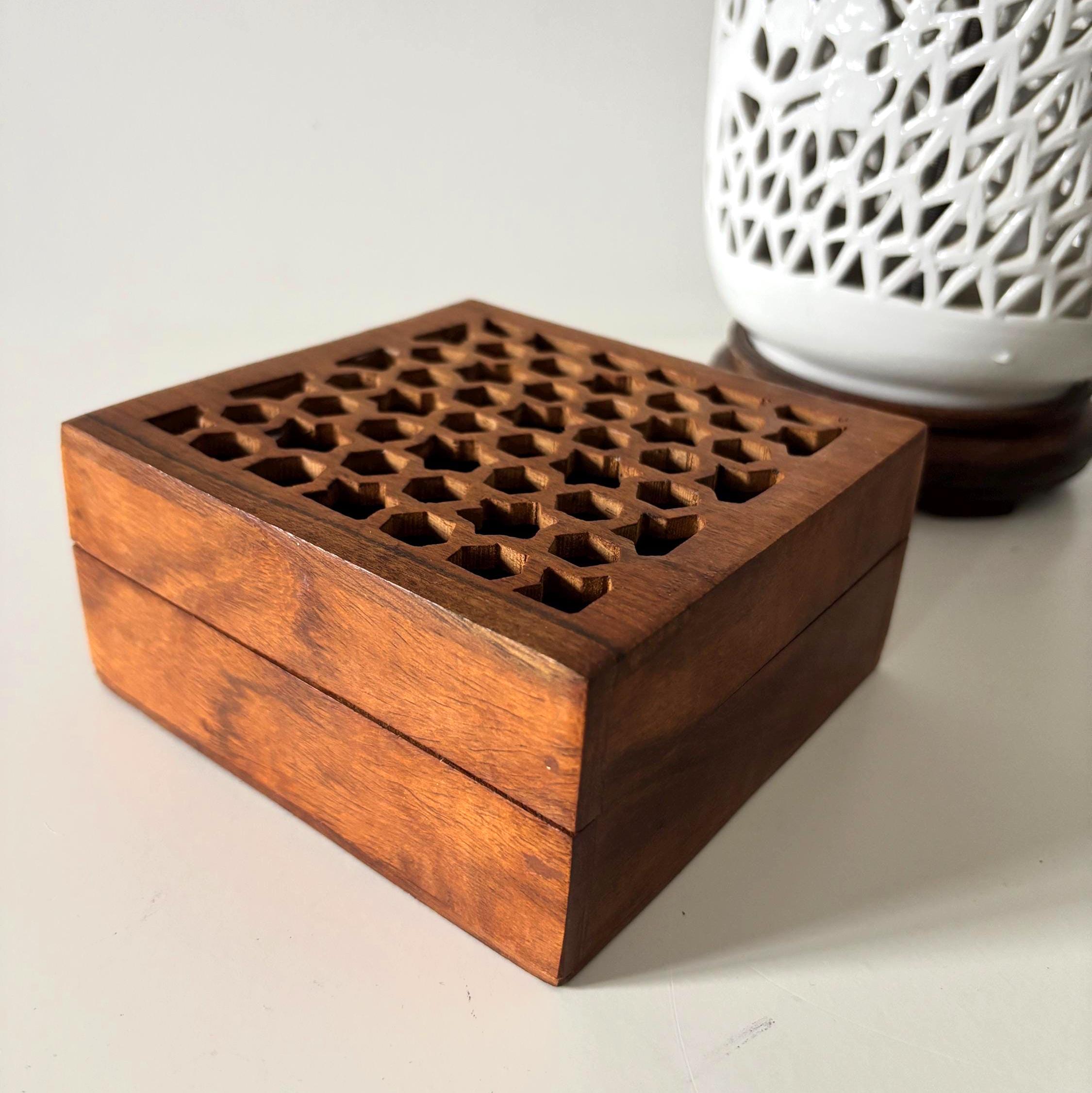 Vintage Hand Carved Wooden Trinket Box with Geometric Lattice Lid, Decorative Storage