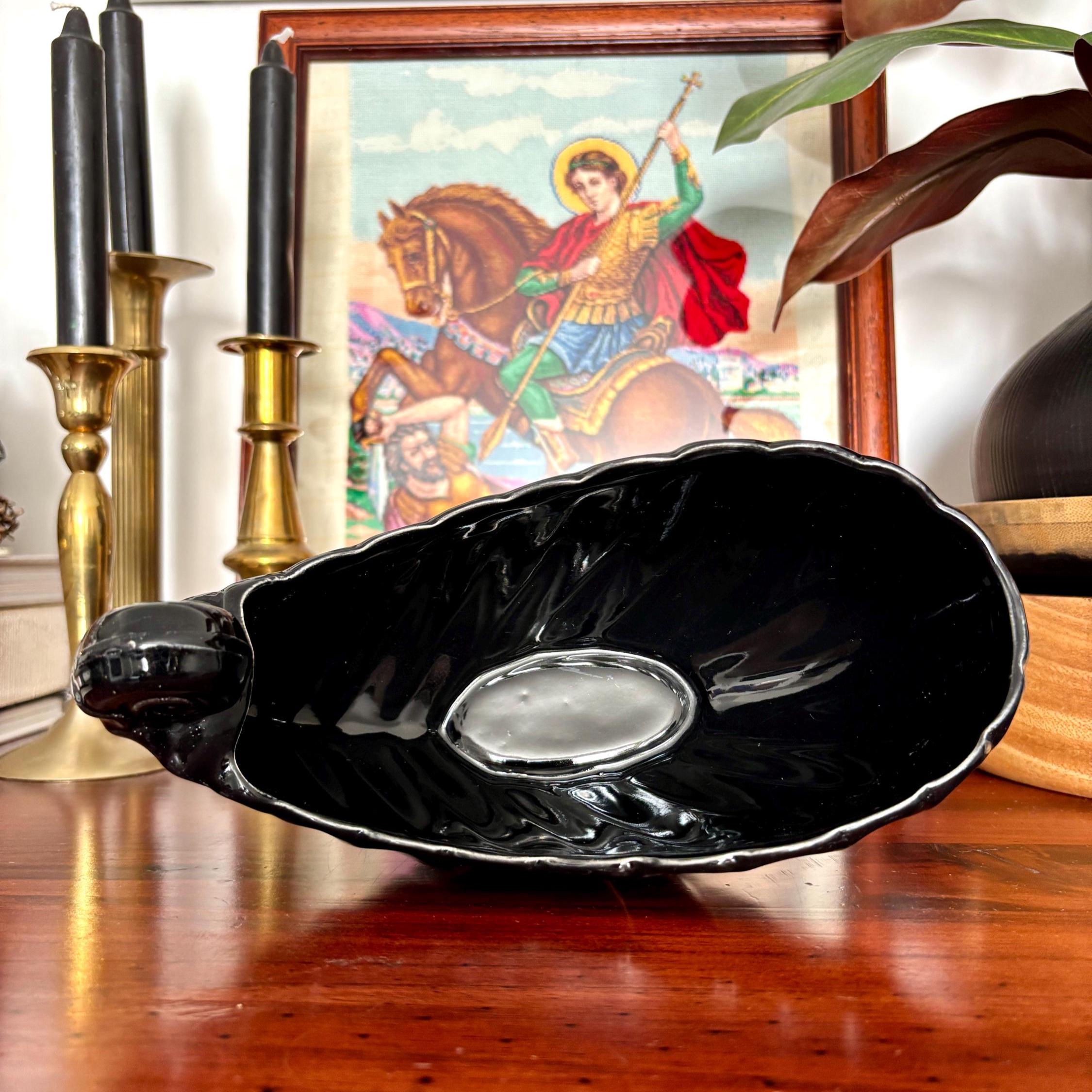 Vintage Black Ceramic Shell Vase: Mid-Century Modern Coastal Decor