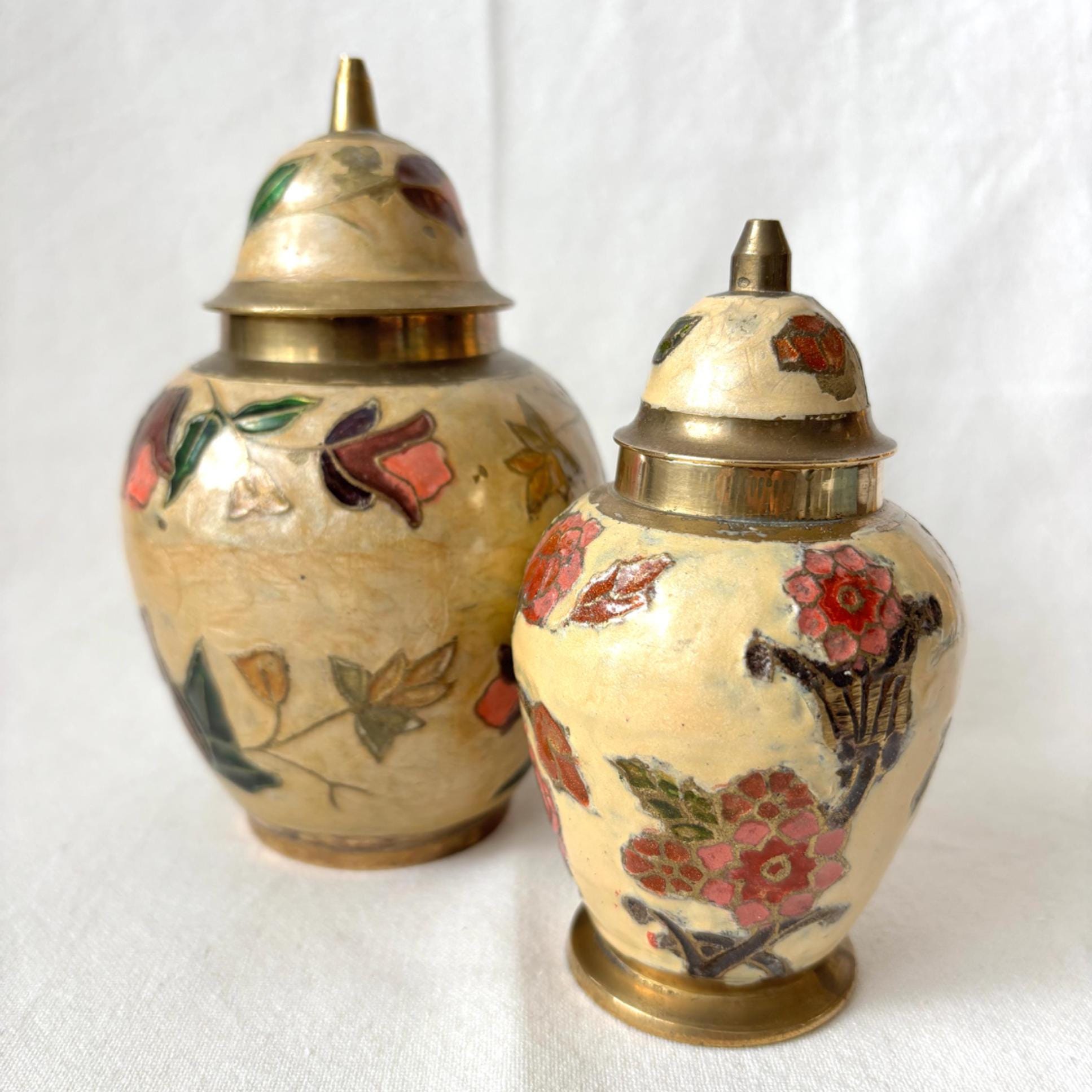Vintage Brass Cloisonné Ginger Jar: Hand-Painted Floral Enamel