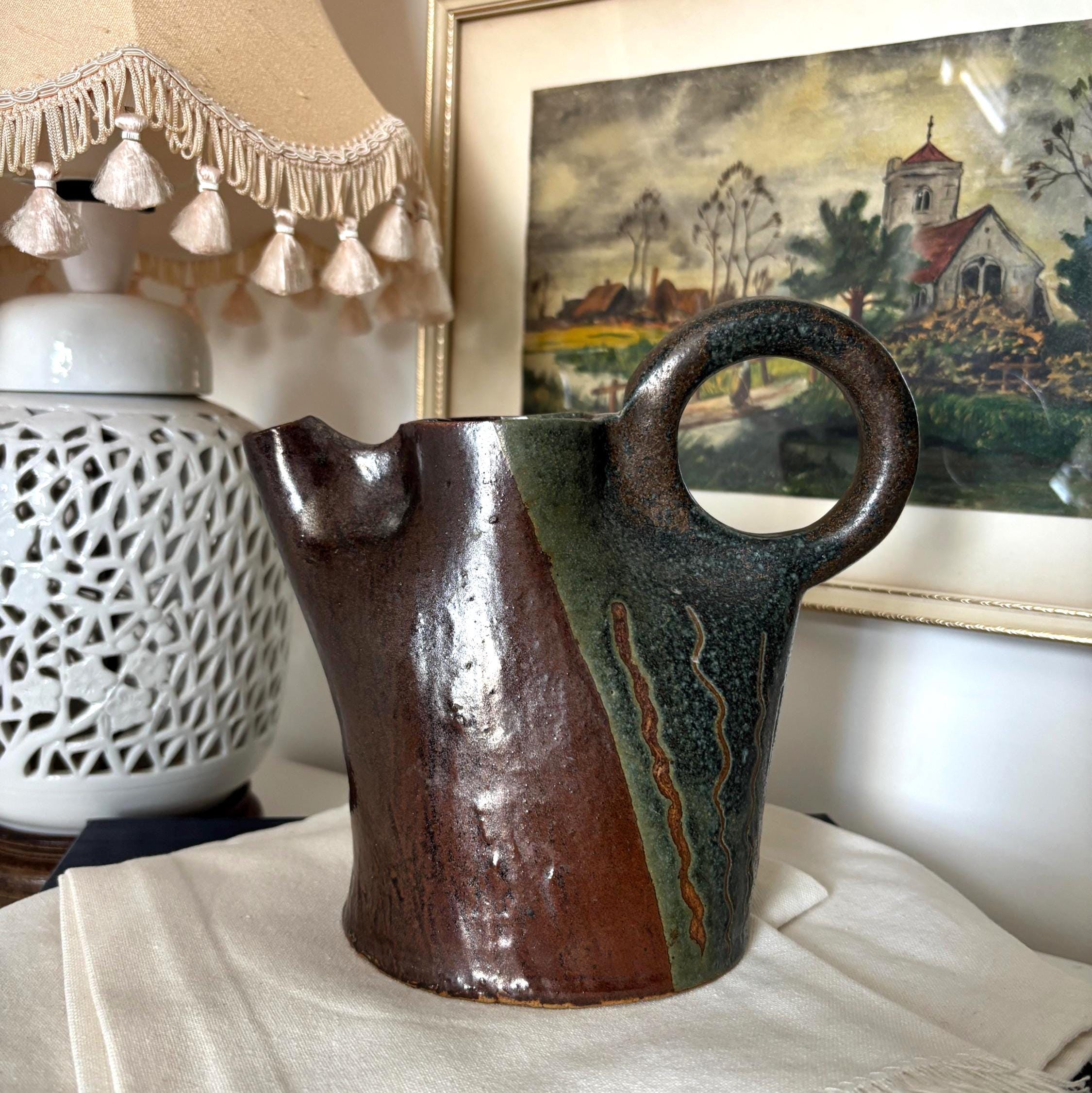 Vintage Studio Pottery Jug Sculptural Ceramic Pitcher Mid Century Art Vase Rustic Decor
