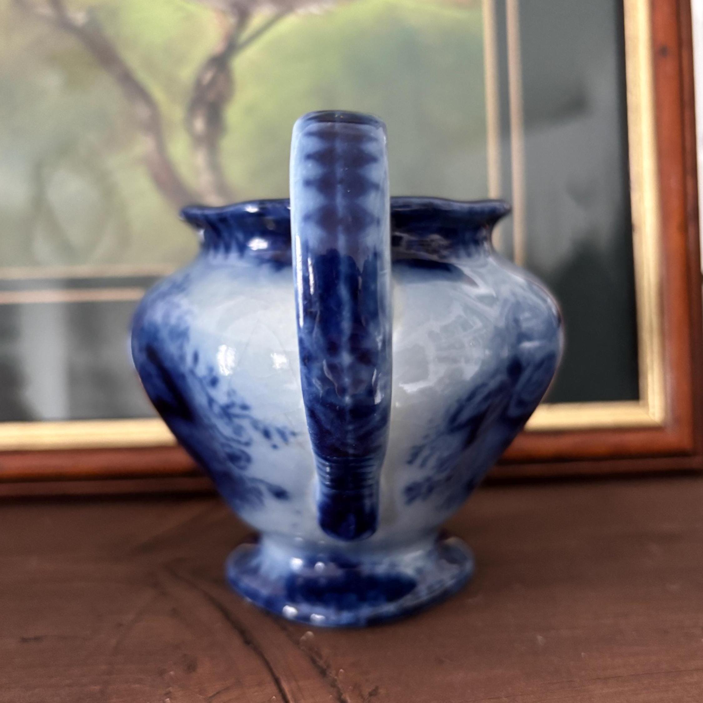Vintage Blue and White Pottery Creamer Jug, Flow Blue Style Pedestal Milk Pitcher Floral