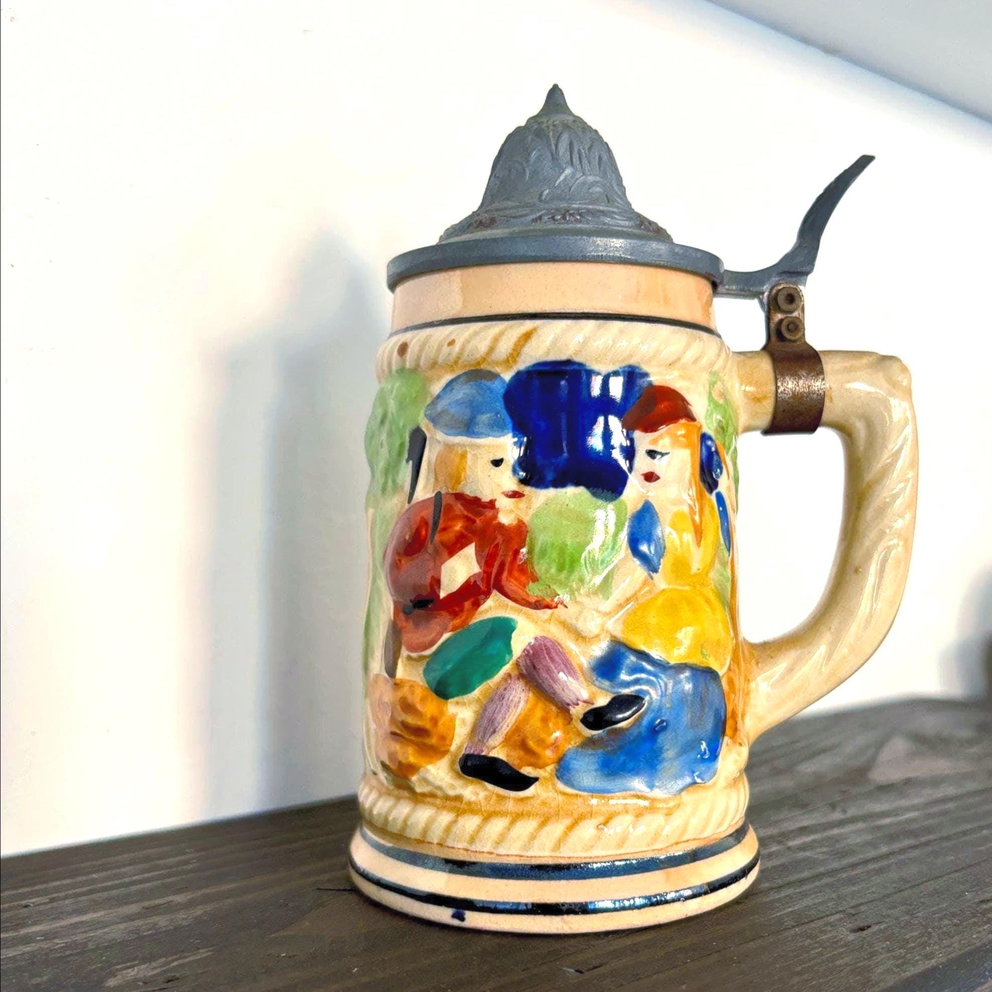Vintage German Beer Stein with Pewter Lid | Tall Hand-Painted Relief Tavern Scene Mug