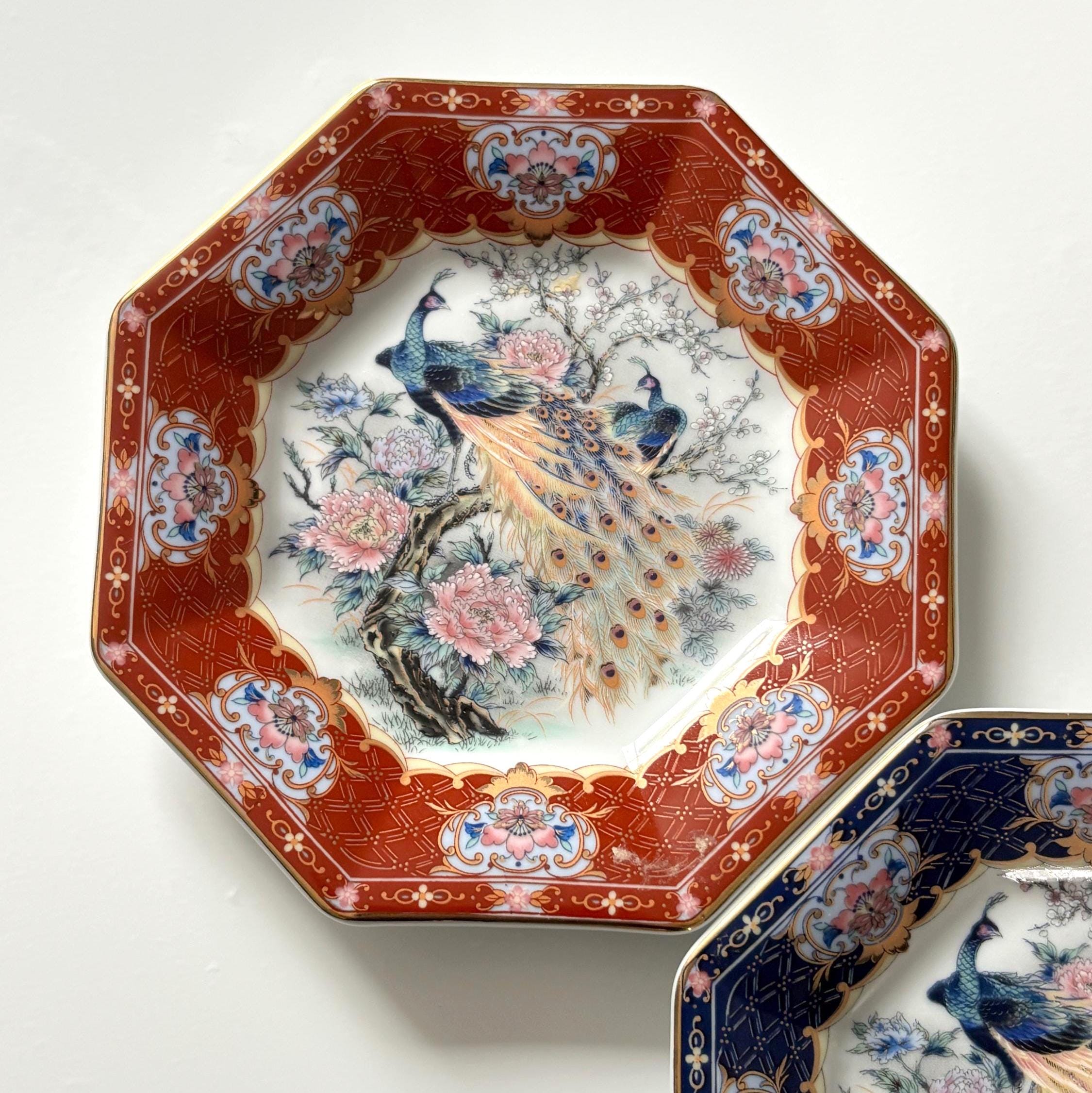 Pair Vintage Imperial Imari Peacock Wall Plates Japan Porcelain Hanging Plates Blue & Red