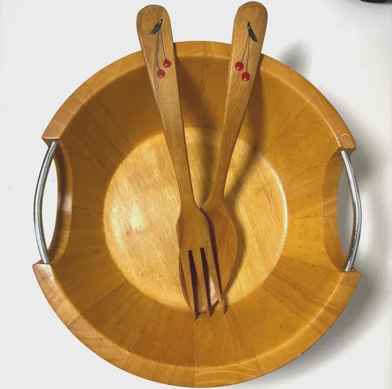 Vintage Wooden Salad Bowl with Chrome Handles | Mid Century Modern Serving Bowl