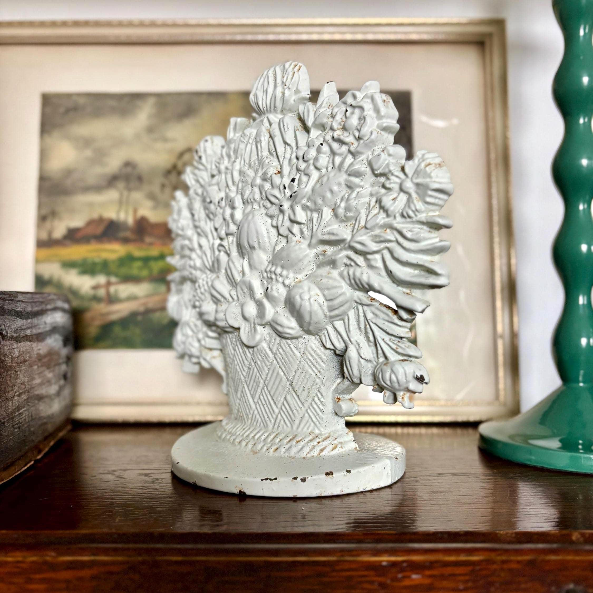 Vintage Cast Iron Flower Basket Doorstop Distressed White Shabby Chic Cottage Farmhouse Decor
