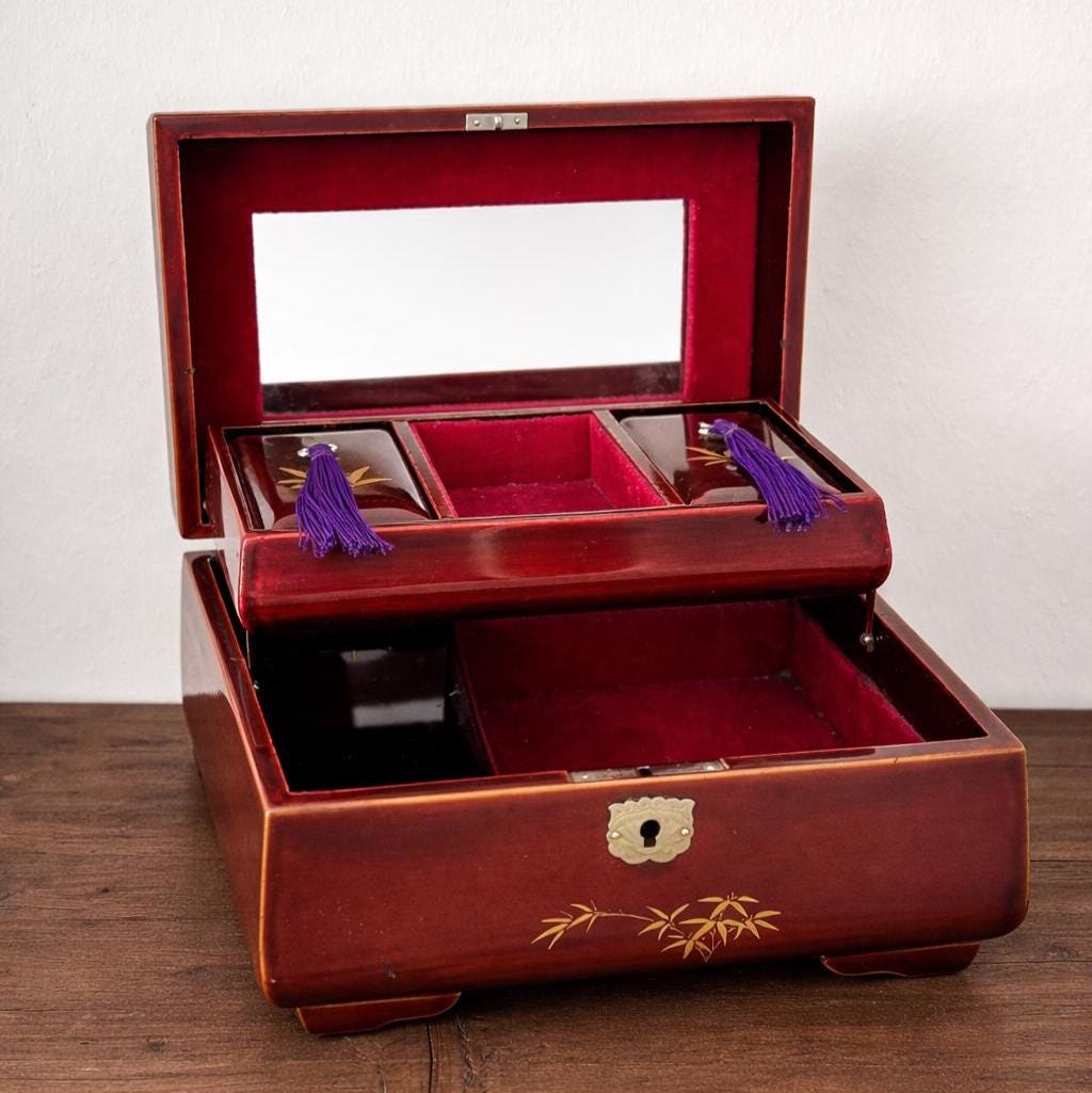 Vintage Musical Jewellery Box Daysun Hand Painted Lacquer Bamboo Bird Trinket Box