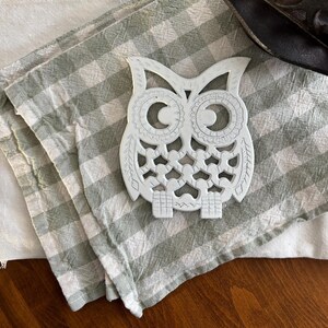 May include: White owl-shaped trivet with detailed cut-out patterns. The trivet sits on a green and white checked cloth. The owl features large, circular eyes and a detailed feather design. A decorative kitchen item.
