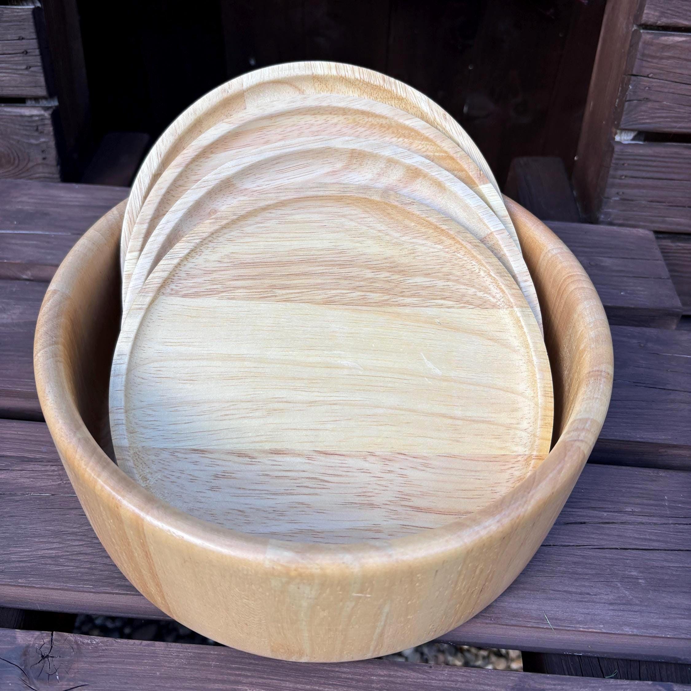 Vintage Wooden Salad Bowl Set: Rustic Thai Tableware, 5-Piece