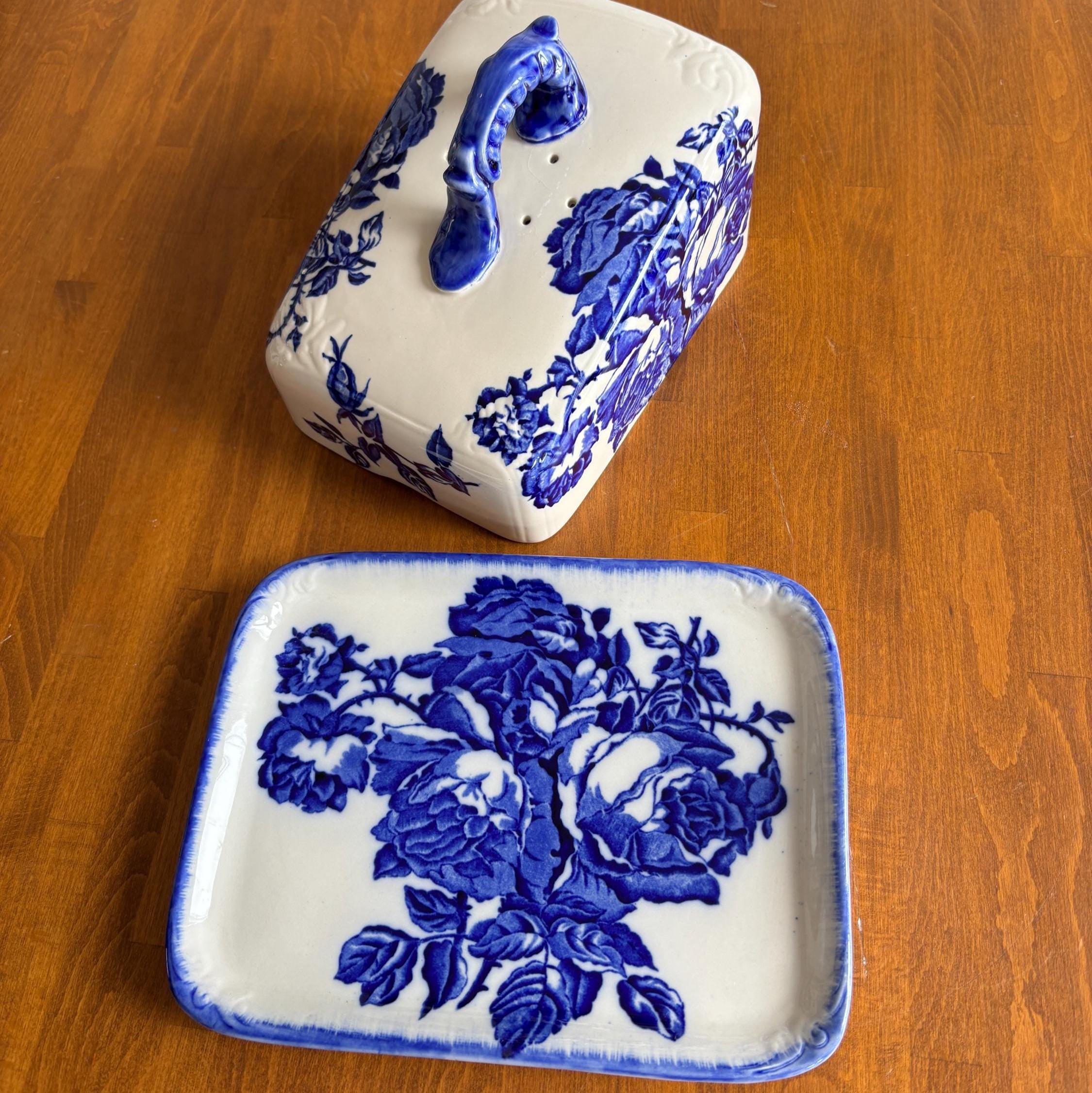 Vintage Blakeney Blue Transfer-ware Cheese Keeper Ironstone Cheese Dish Staffordshire England