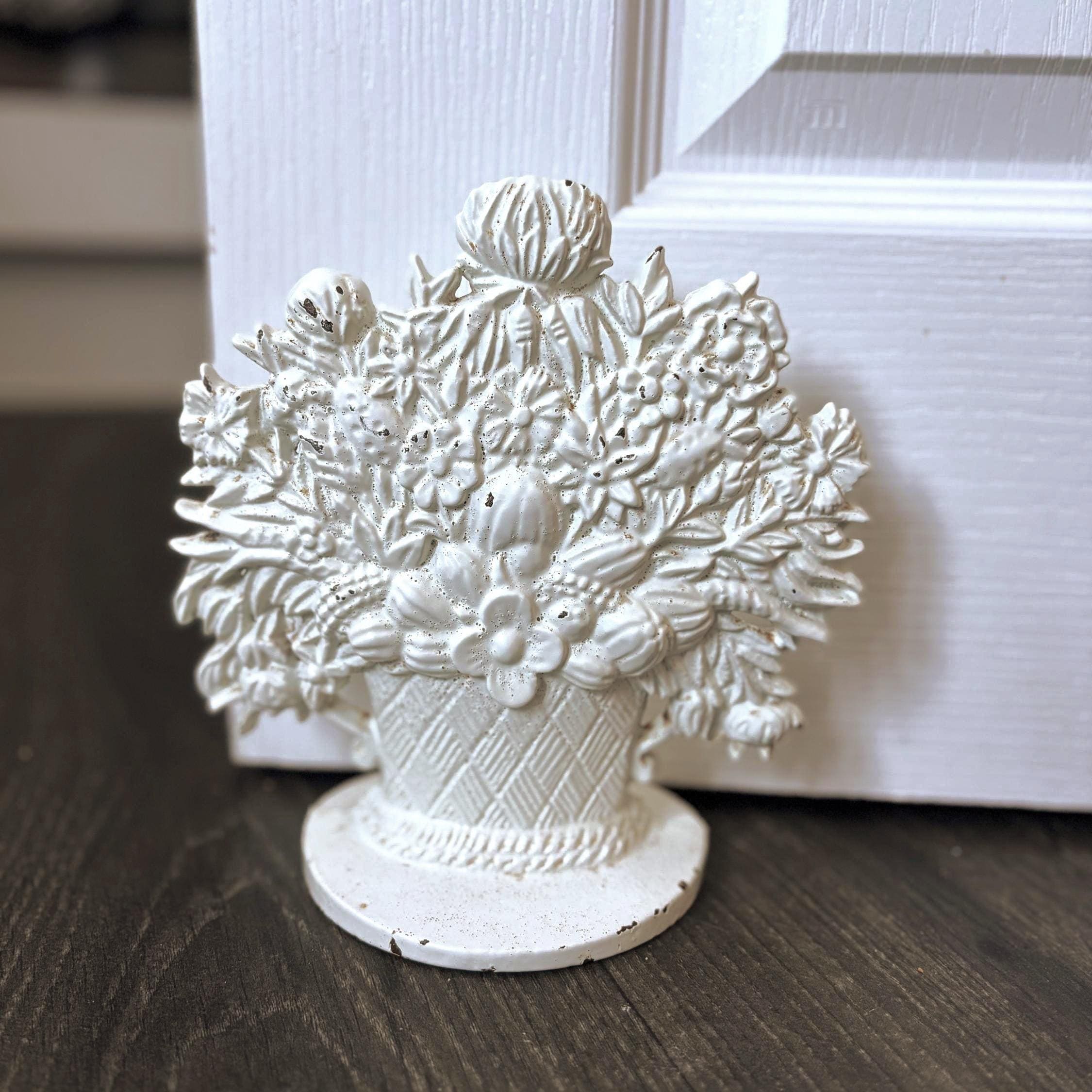 Vintage Cast Iron Flower Basket Doorstop Distressed White Shabby Chic Cottage Farmhouse Decor