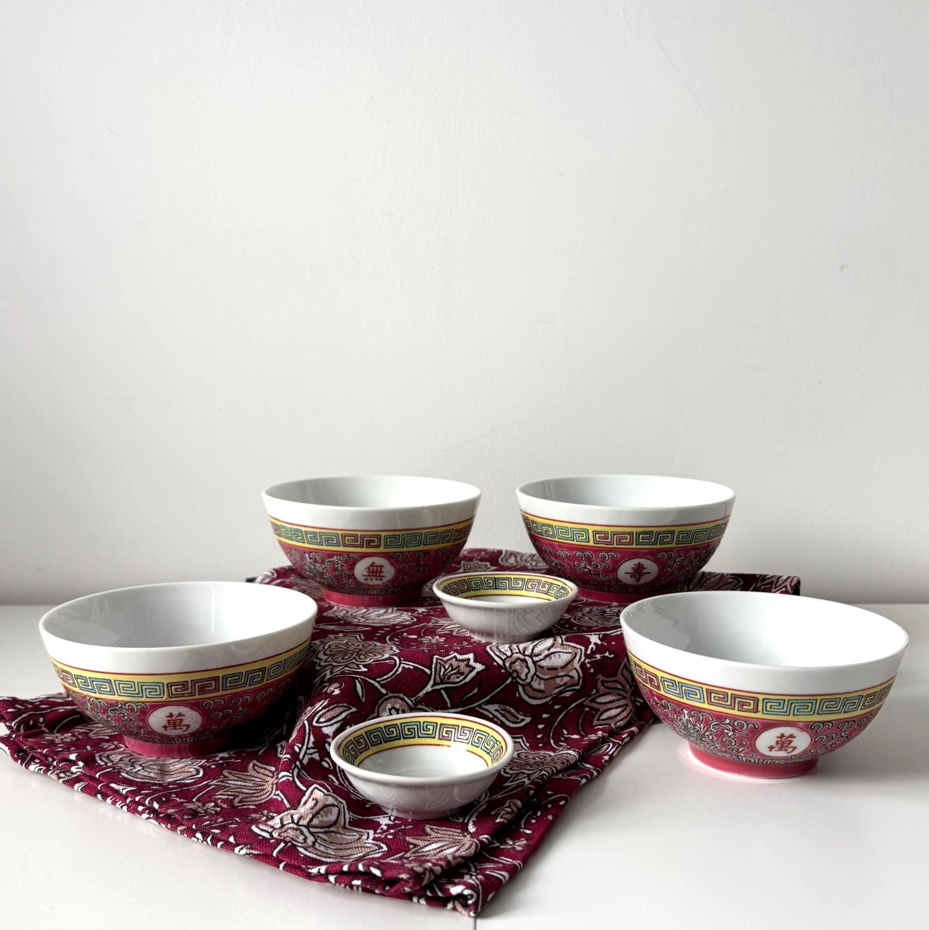 Vintage Jingdezhen Longevity Rice Bowl Set Chinese Restaurant Ware