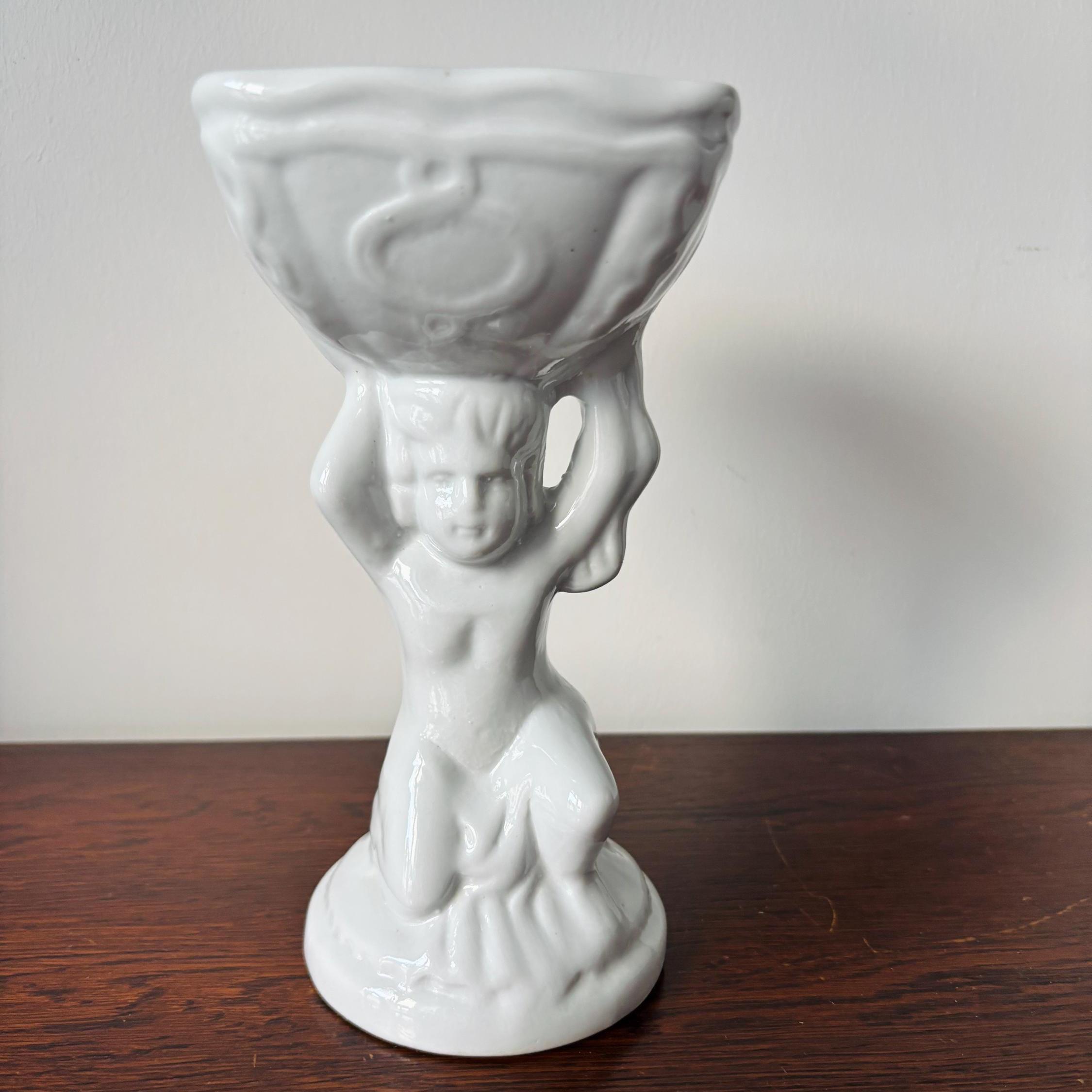Vintage White Cherub Pedestal Planter Bowl, Putti Column Vase, Neoclassical Hollywood Regency Decor Centerpiece