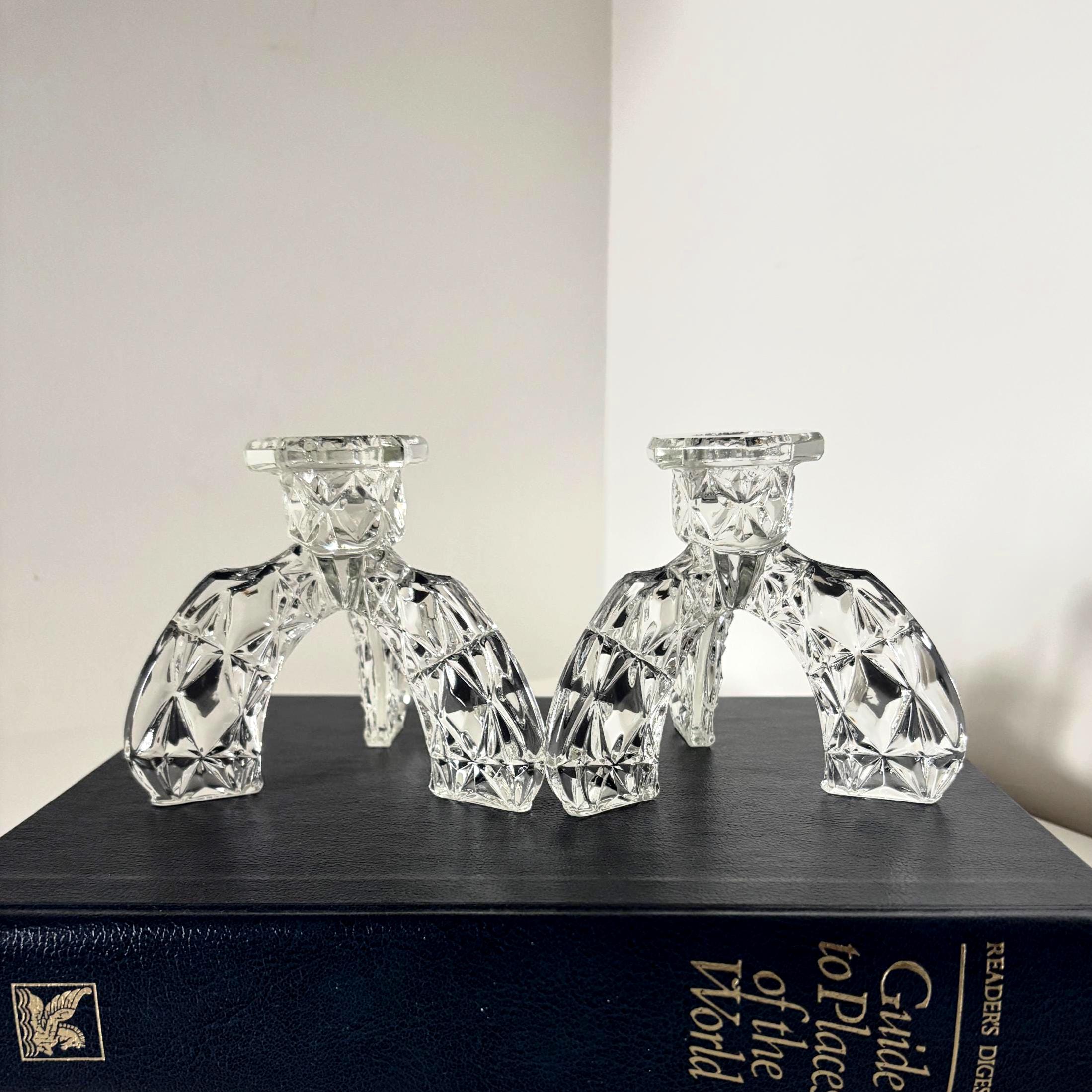 Vintage Glass Candlesticks Pair Art Deco Style Tripod Candle Holders Crystal Cut Design Decor
