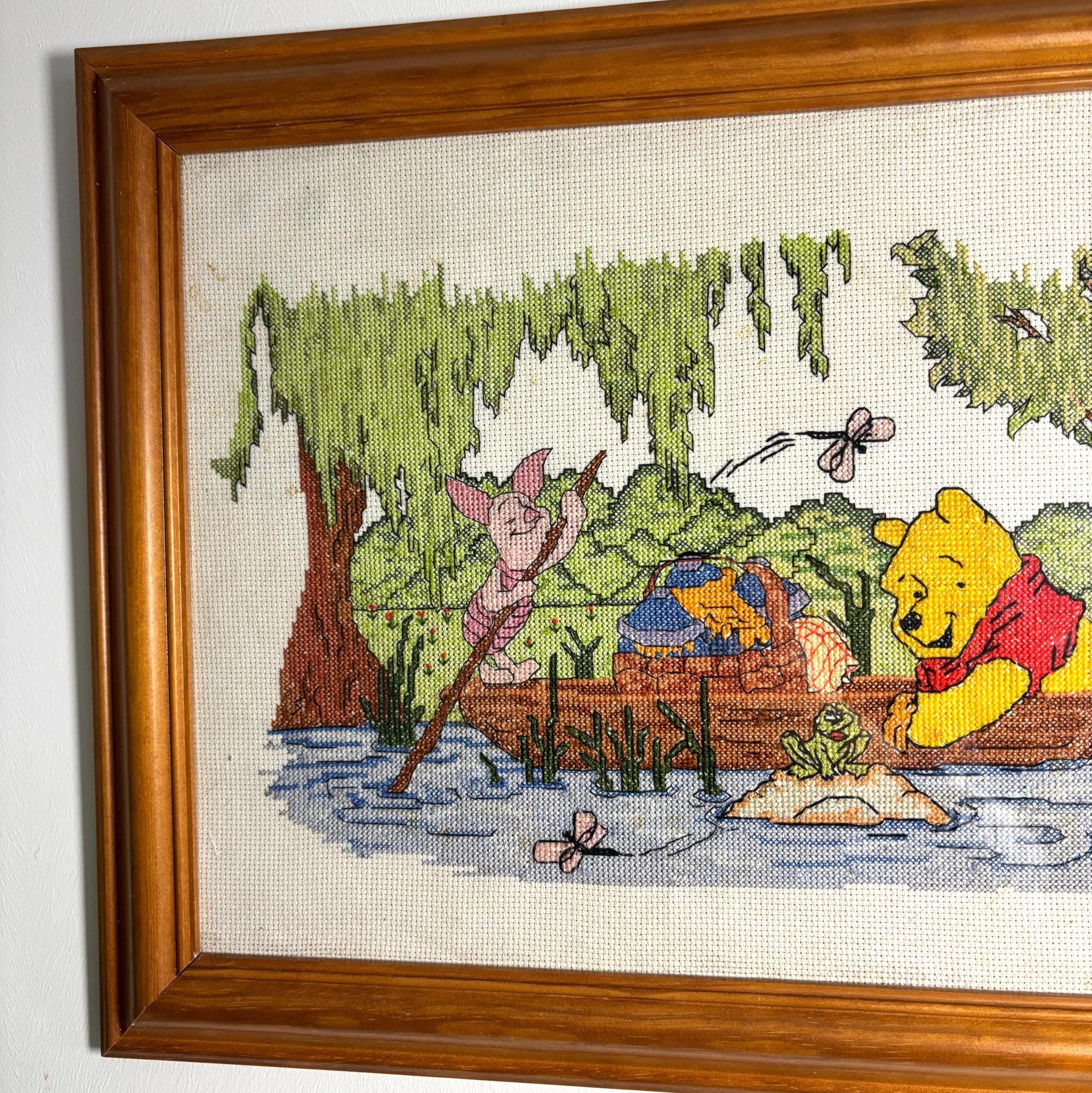 Vintage Framed Winnie the Pooh Cross Stitch Embroidery Nursery Wall Art Piglet Boat Scene