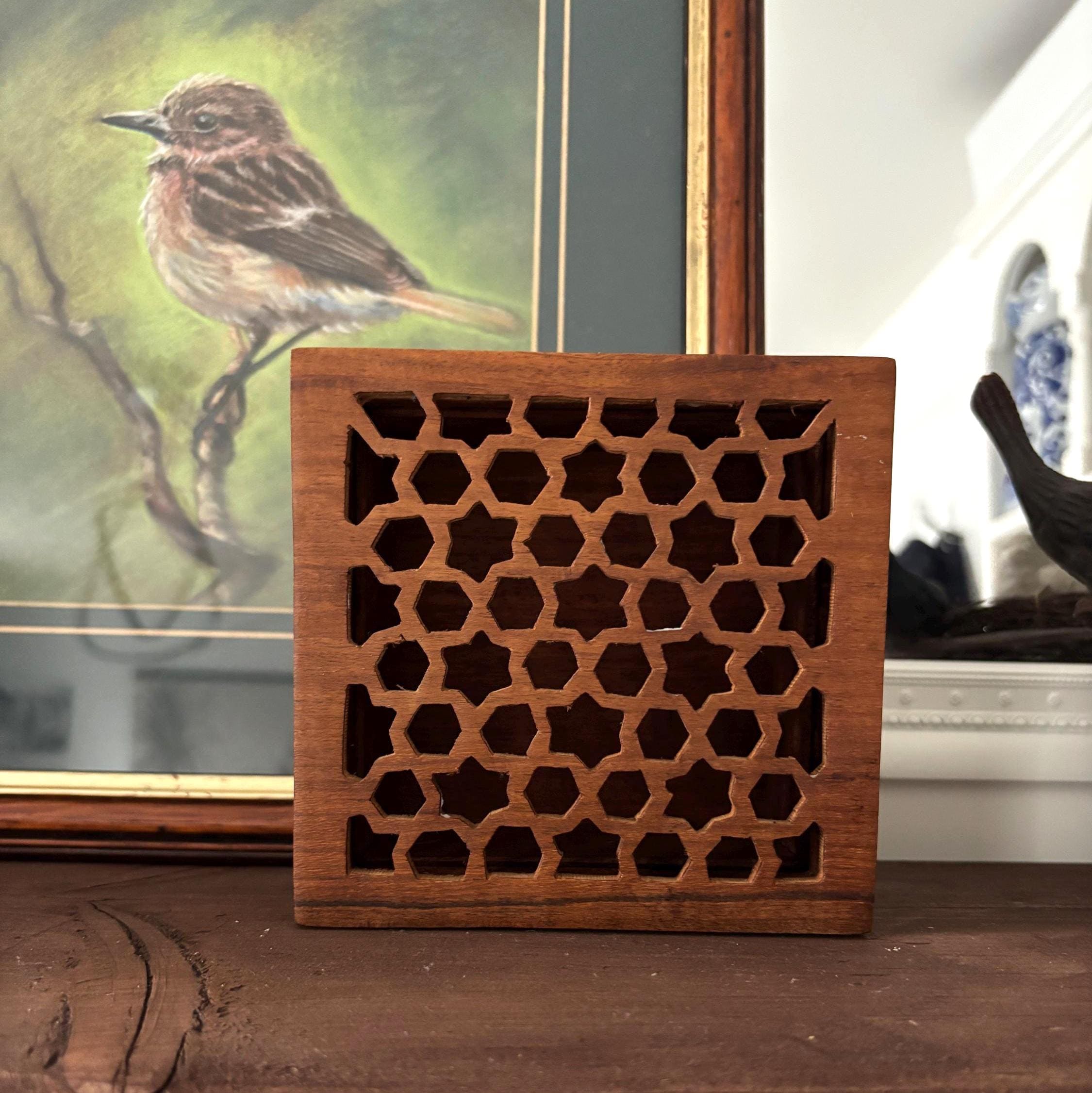 Vintage Hand Carved Wooden Trinket Box with Geometric Lattice Lid, Decorative Storage