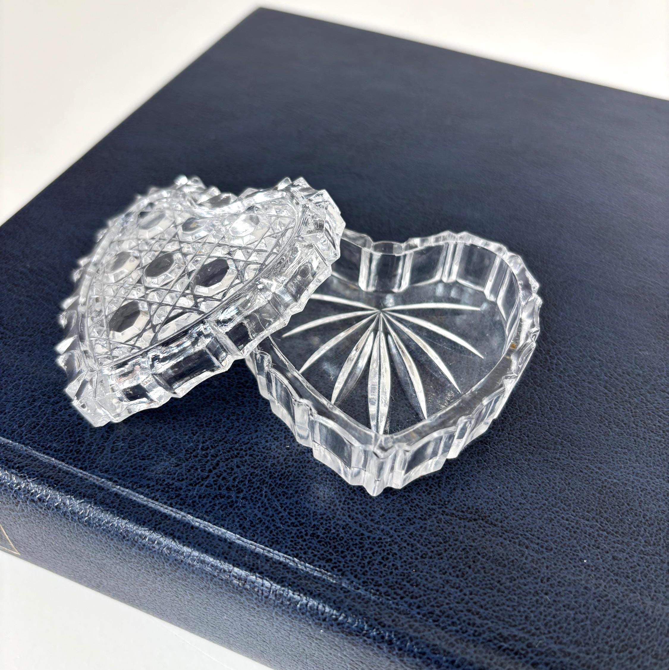 Vintage Heart Shaped Lead Crystal Trinket Box Cut Glass Jewelry Box Ring Holder Gift