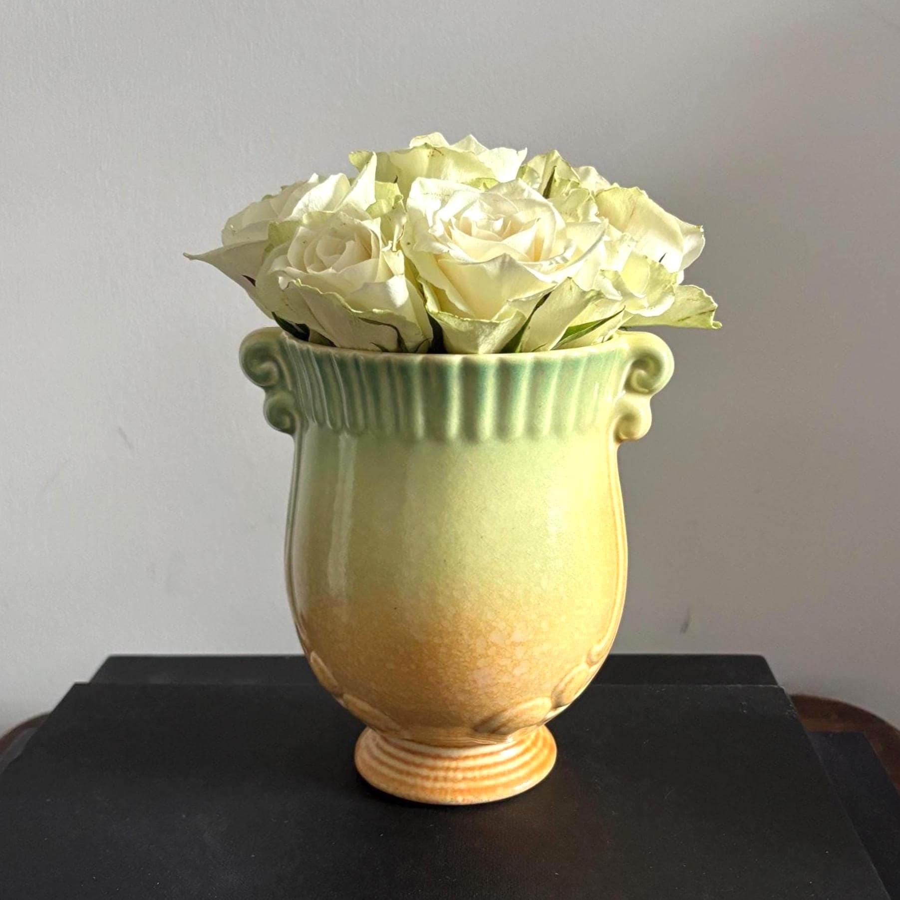 Vintage Crown Devon Art Deco Urn Vase Green Ochre Drip Glaze English Pottery