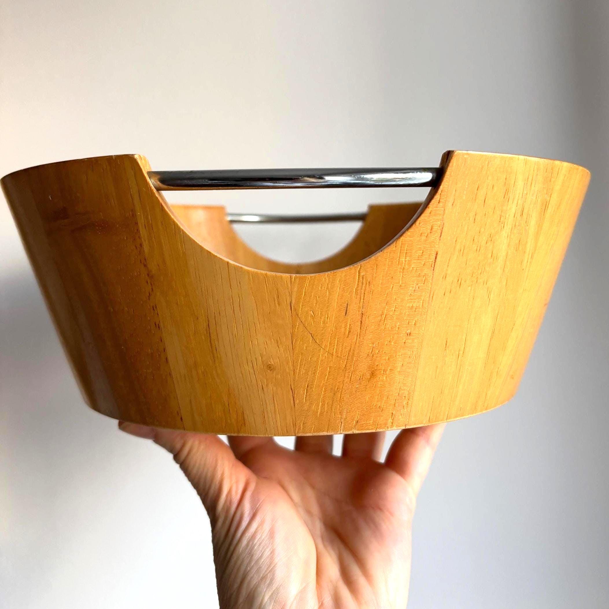 Vintage Wooden Salad Bowl with Chrome Handles | Mid Century Modern Serving Bowl
