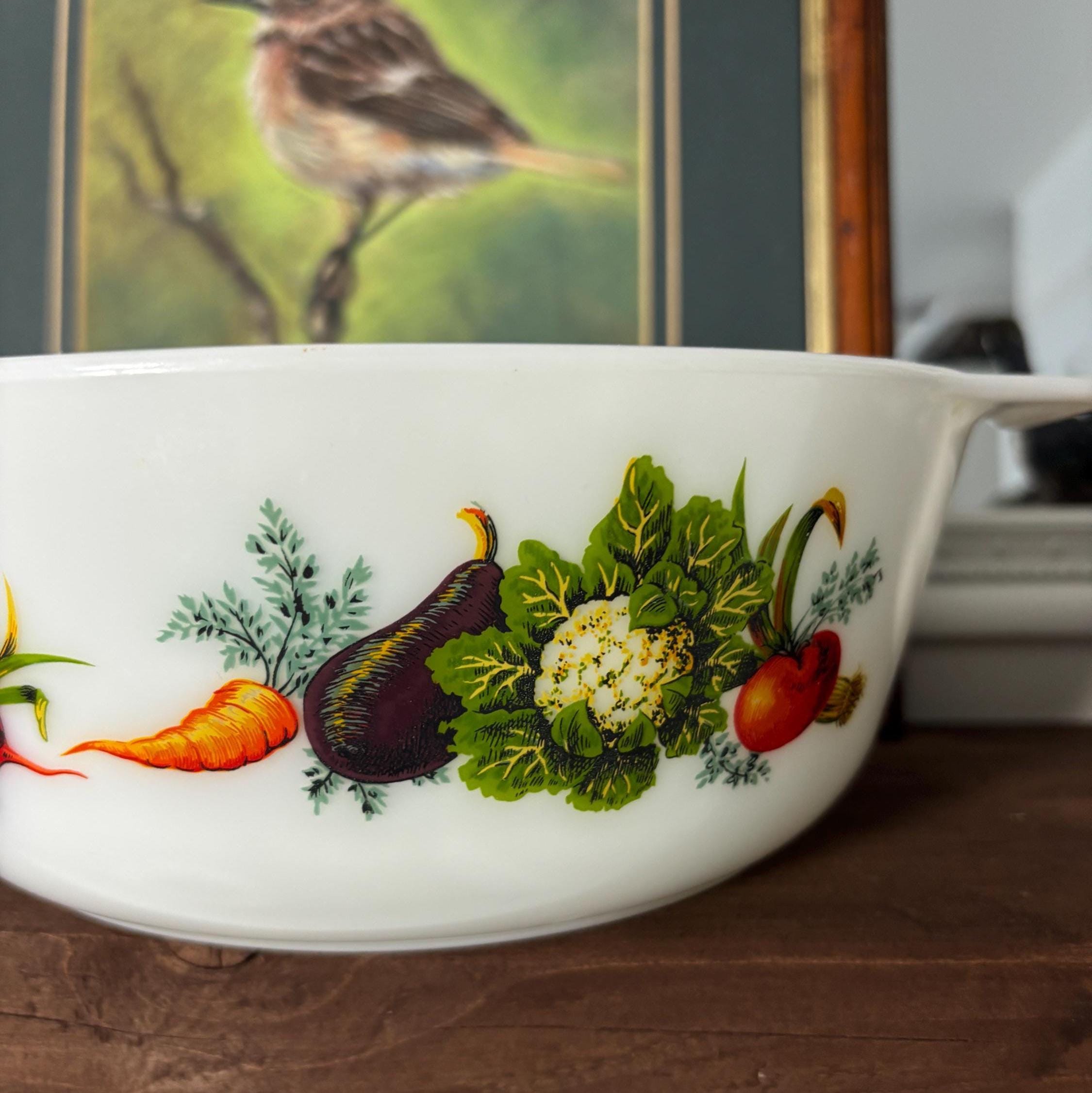 Vintage Milk Glass Casserole Dish Vegetable Pattern Mid Century Kitchen Serving Bowl Handles