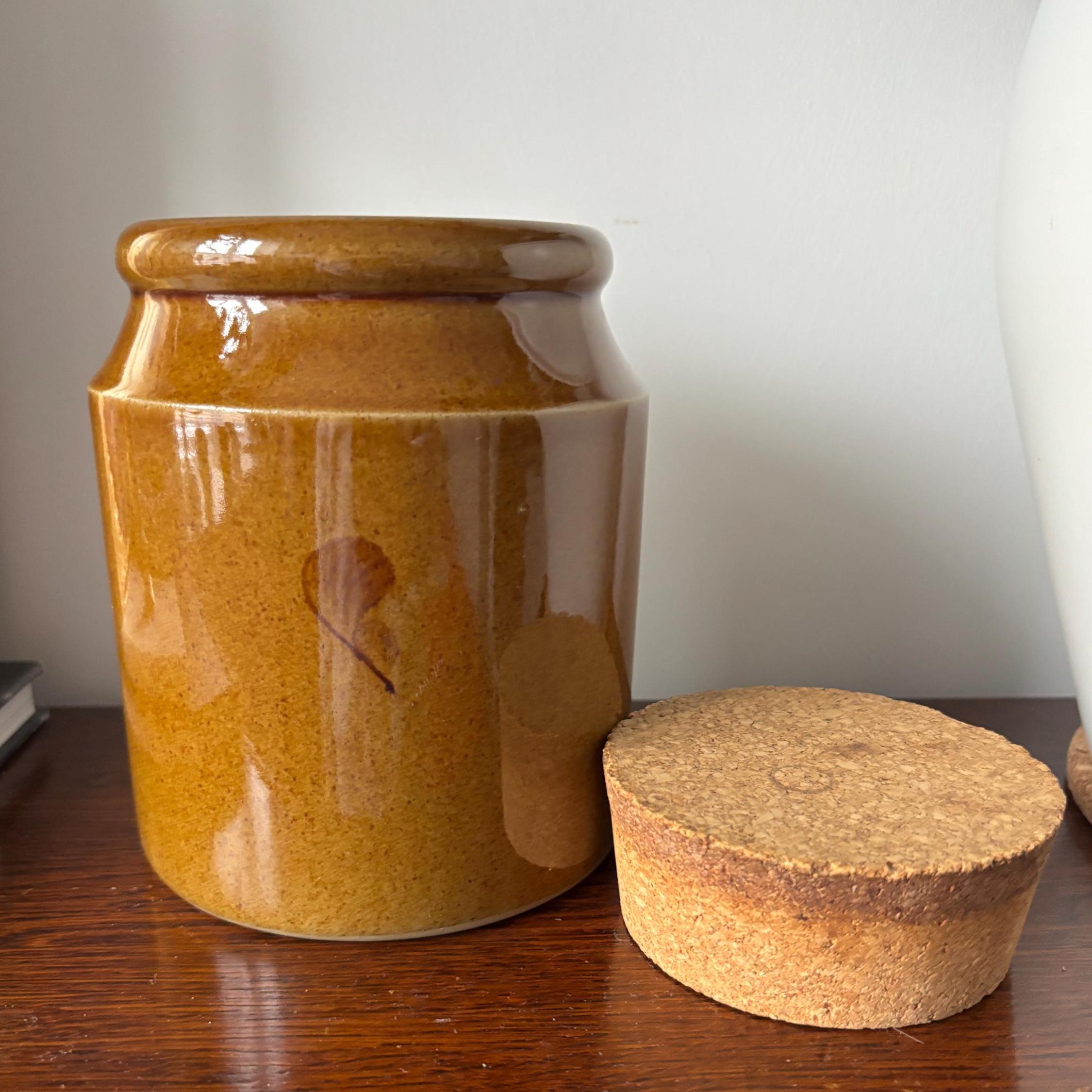 Vintage Pearsons Stoneware Storage Jar with Cork Lid – Brown Glaze Leaf Motif