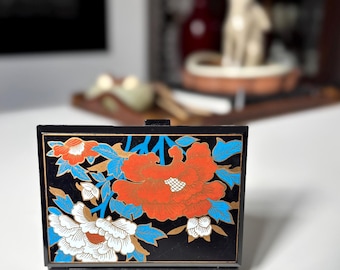 Vintage Floral Lacquer Style Compact Mirror Tissue Case Vanity Travel Accessory Gift