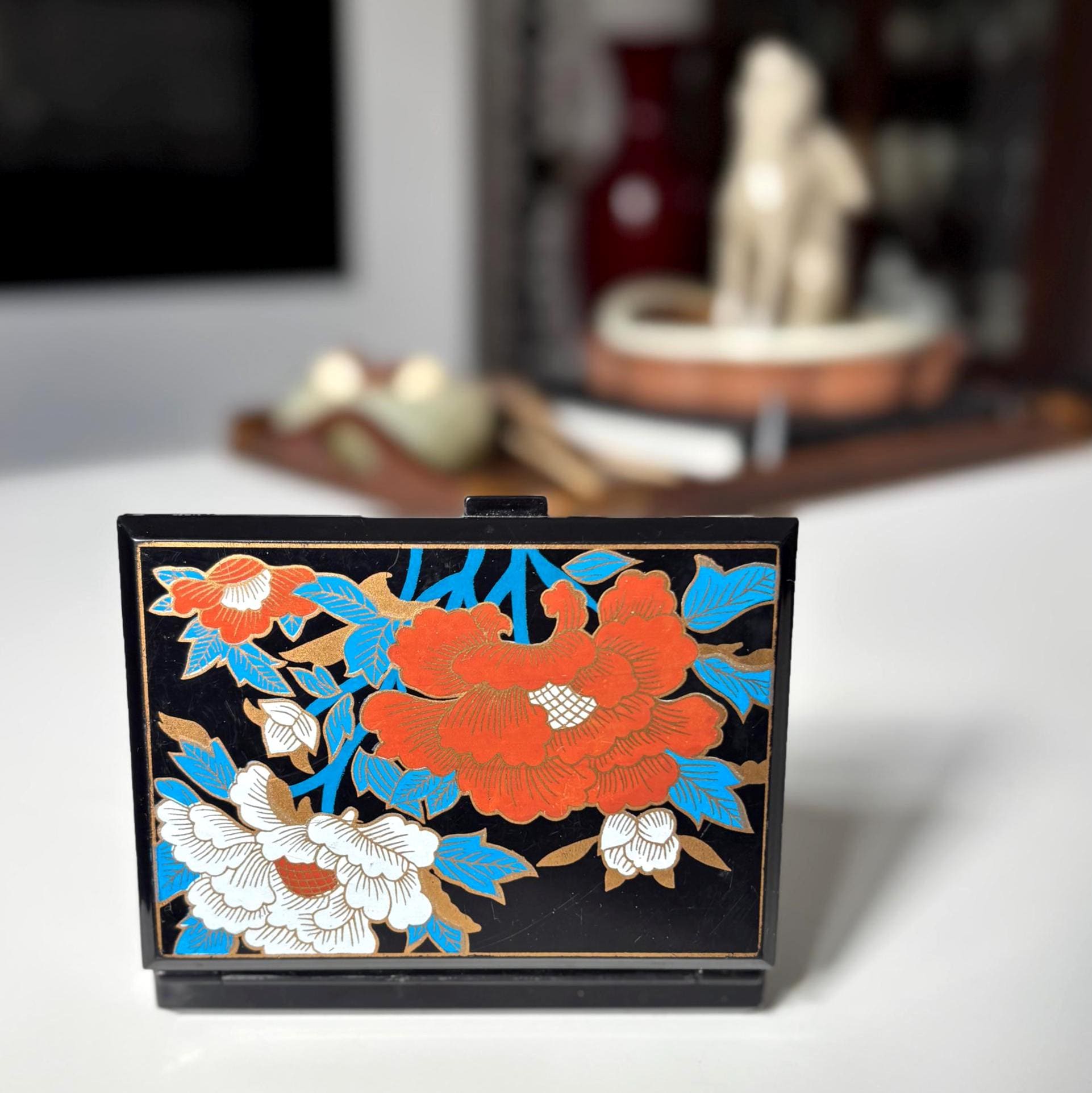 Vintage Floral Lacquer Style Compact Mirror Tissue Case Vanity Travel Accessory Gift