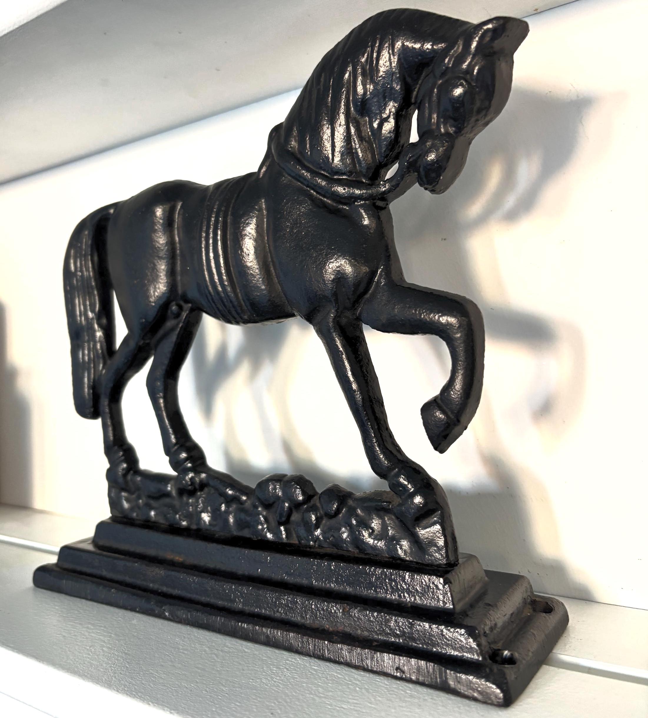 Vintage Cast Iron Prancing Horse Doorstop Black Equestrian Farmhouse Country Decor Heavy