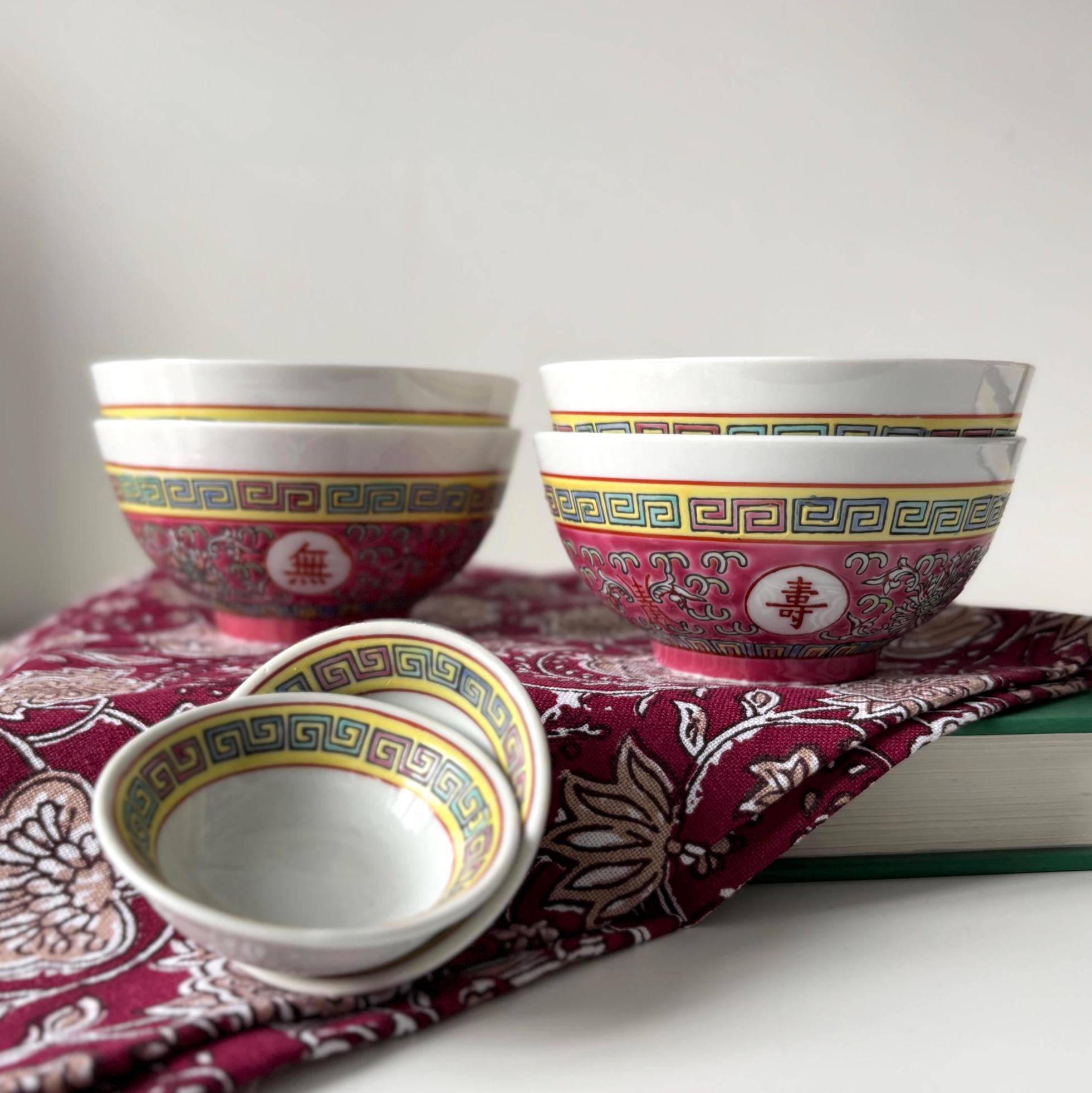 Vintage Jingdezhen Longevity Rice Bowl Set Chinese Restaurant Ware