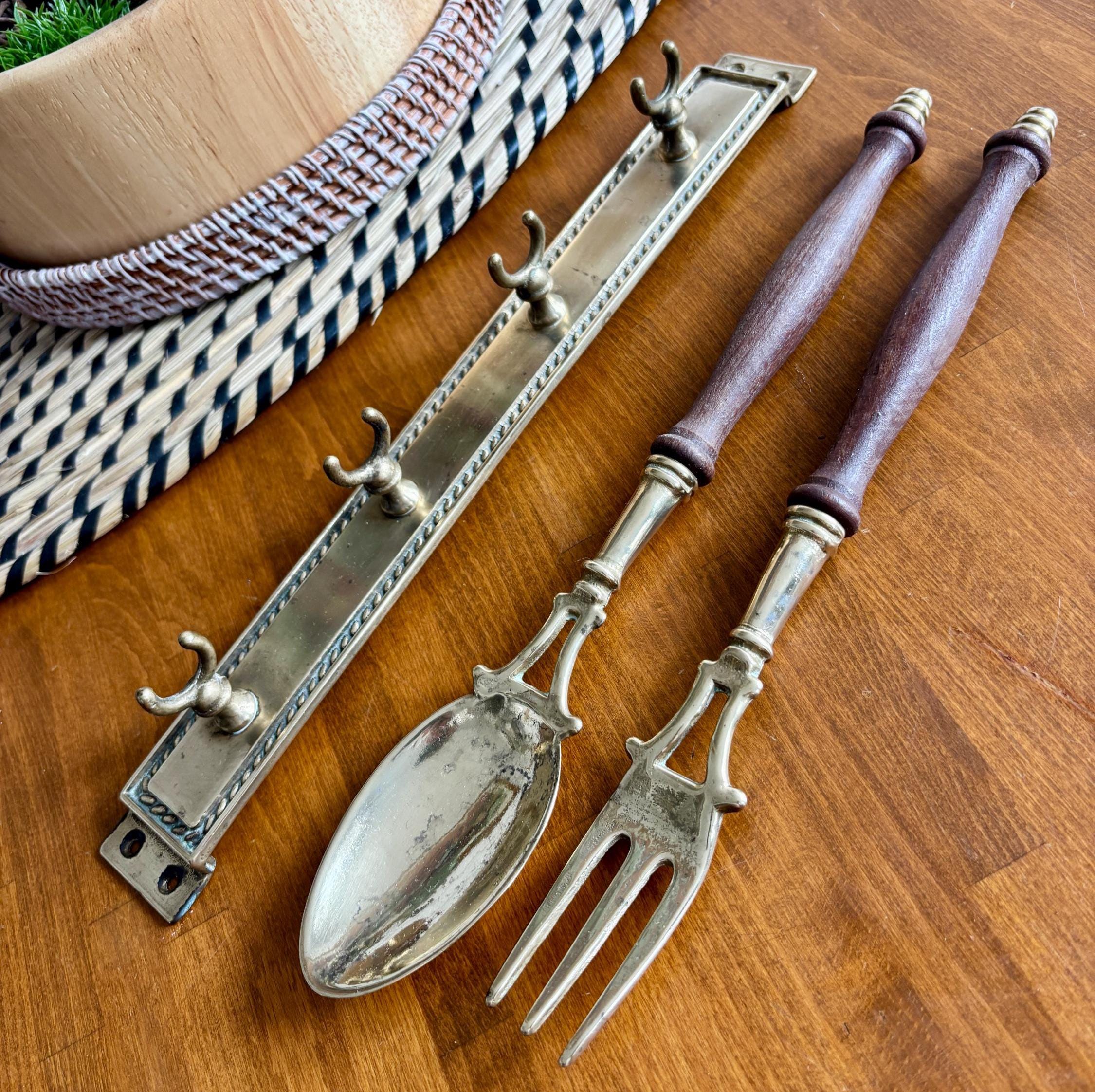 Vintage French Brass Kitchen Utensil Set: Fork & Spoon Wall Decor